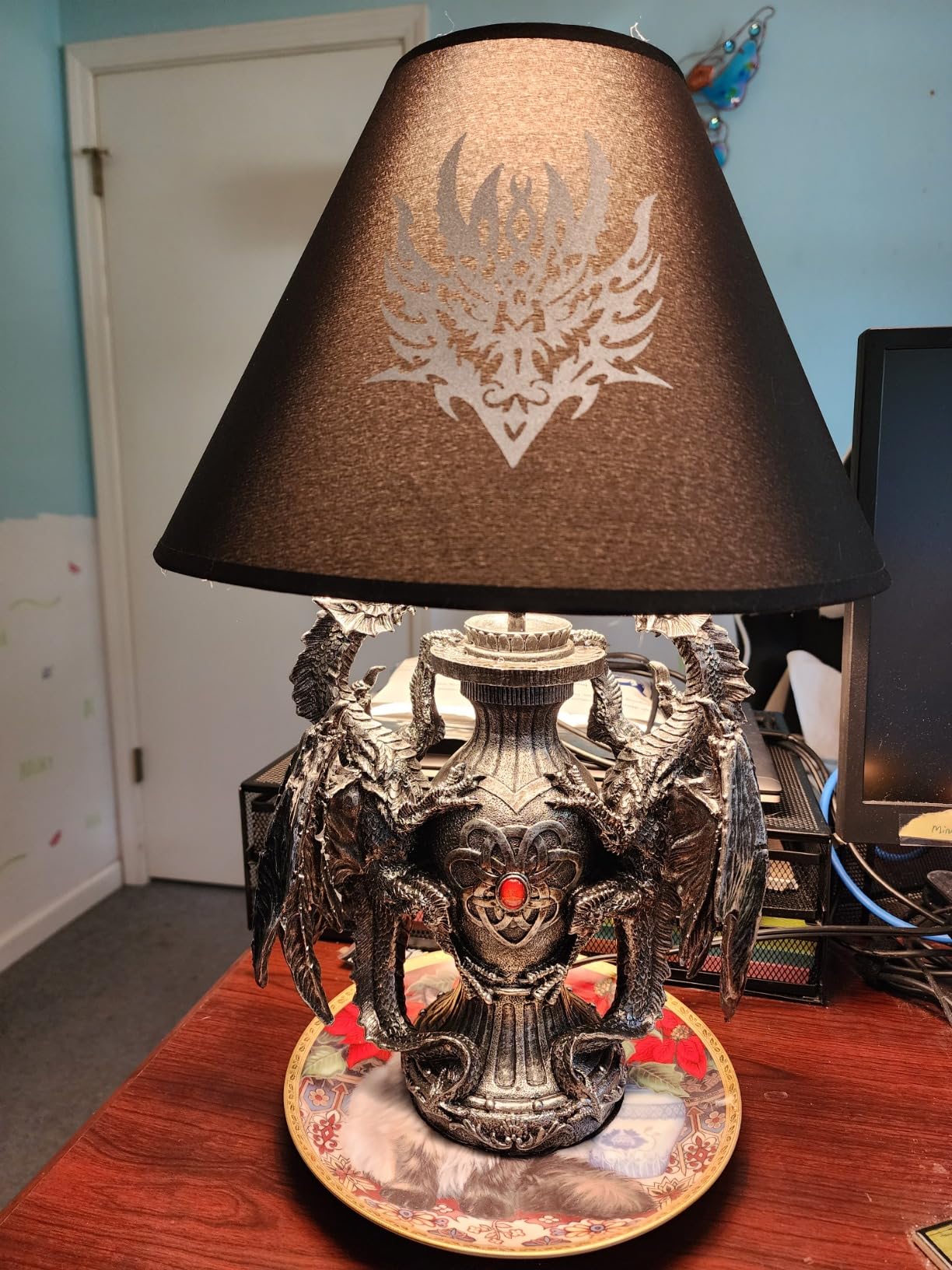 Zeckos Dragon Table Lamp, 19 Inch Gothic Guardians with Black Fabric Shade | Hand-Painted Resin Base, Red Cabochon Accent, Uses One Type A 40W Max Bulb customer photo 2