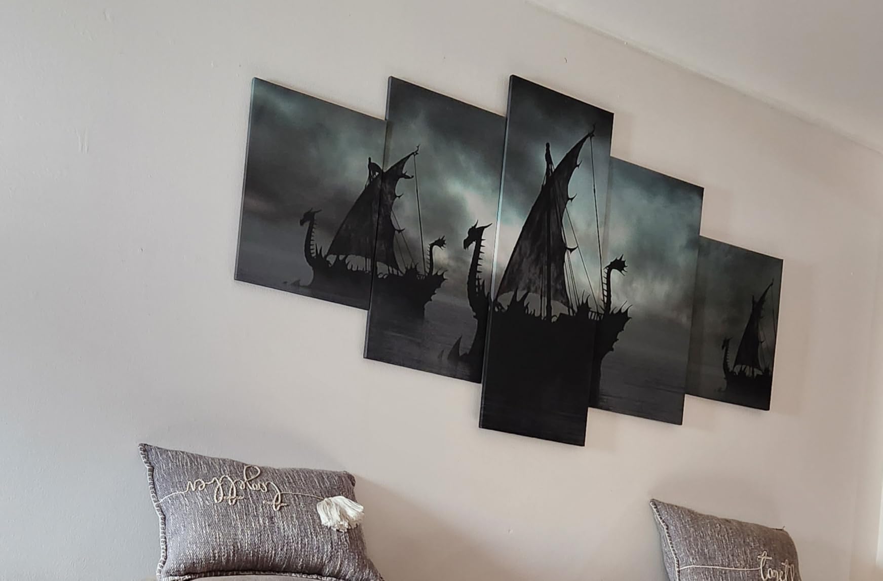 Norse Decor Black and White Painting Vikings Ship Artwork Fantasy Sailing Boat Pictures for Living Room Home 5 Panel Dragon Canvas Wall Art Modern Framed Ready to Hang Posters and Prints(60''Wx32''H) customer photo 1