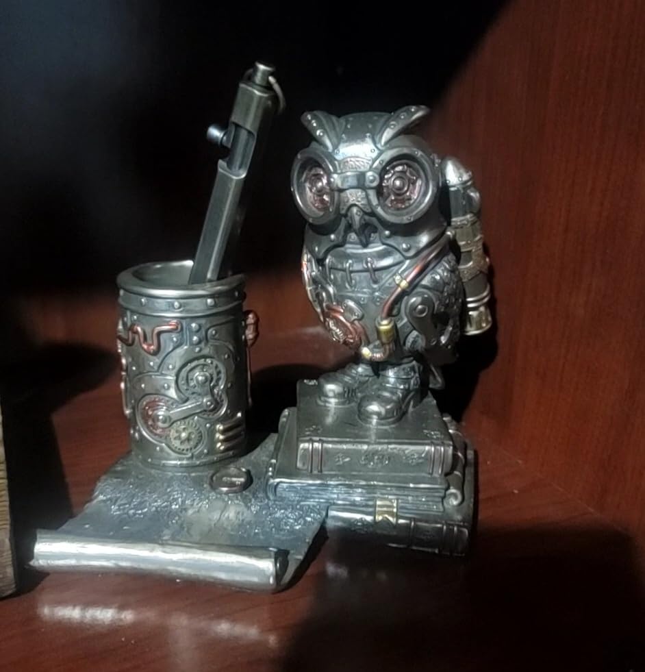 Veronese Design 5 1/4 Inch Steampunk Owl Cell Phone Holder Pen Holder Resin Sculpture Bronze Finish Statue Desk Stand Home Decor Aviation Bird Animal Gift customer photo 1
