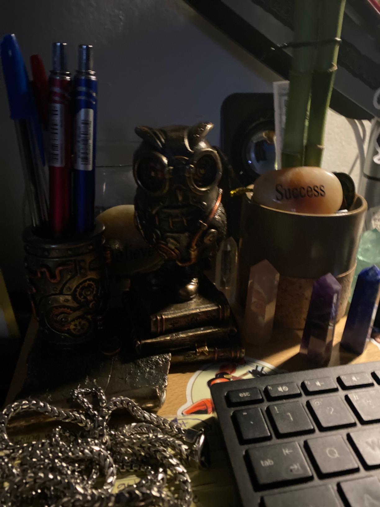 Veronese Design 5 1/4 Inch Steampunk Owl Cell Phone Holder Pen Holder Resin Sculpture Bronze Finish Statue Desk Stand Home Decor Aviation Bird Animal Gift customer photo 2