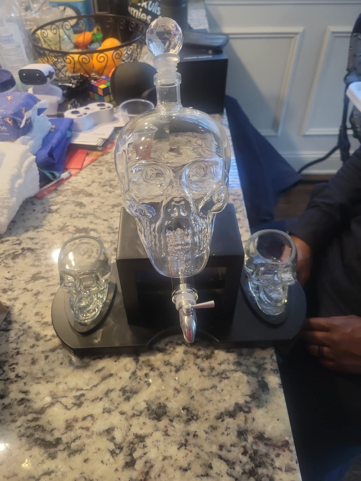 Skull Skeleton Wine & Whiskey Decanter Set 750mL with 2 Skull Shot Glasses 3oz | Gothic Skeleton Barware on Mahogany Wooden Base with Spigot | Spooky Decor Drinkware & Unique Goth Gift Idea customer photo 2