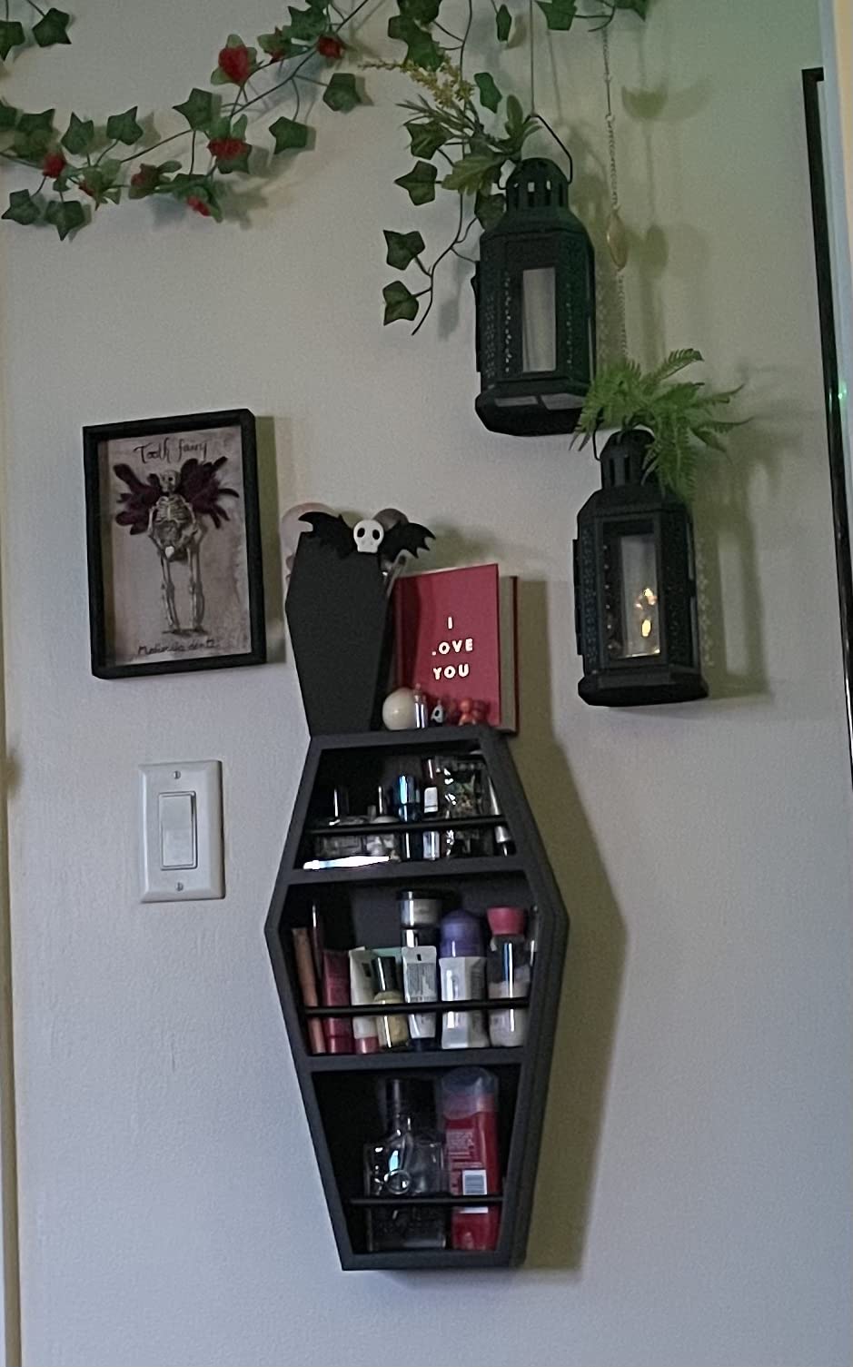 EpicGifts Goth Makeup Shelf - 3 Shelf Standing or Floating Wall Coffin, Makeup Brush Holder (Black) customer photo 2