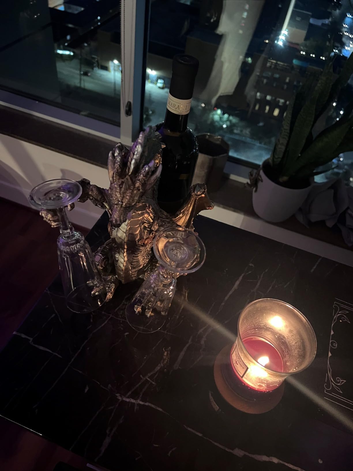 11.6'' H Steampunk Dragon Wine Bottle Glasses Holder Rack Statue | resin gothic decor metallic look high table top displays barware stands medieval fantasy sculpture presents gifts for men customer photo 1