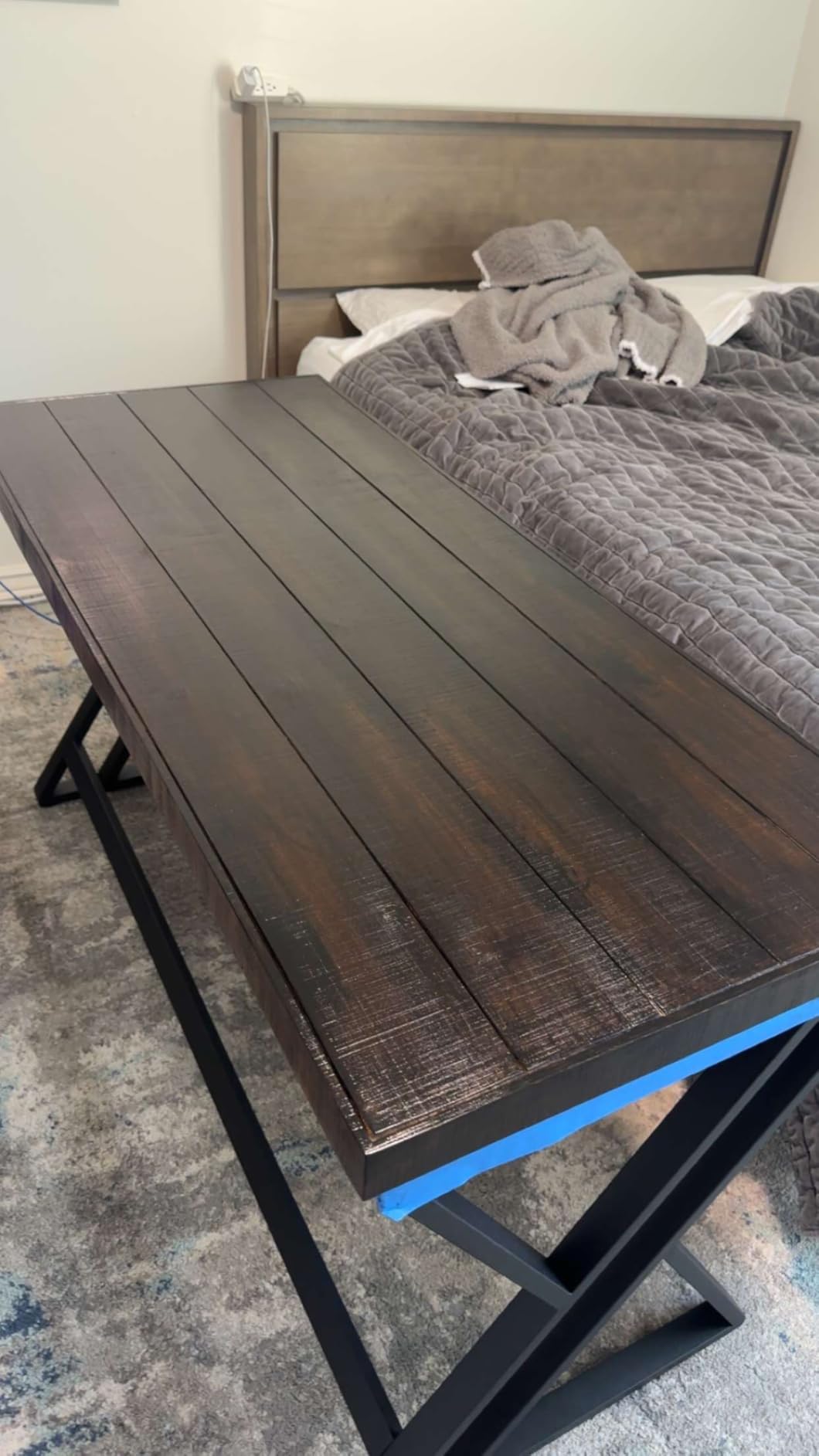 Solid Wood Computer Desk, Modern Real Wood Home Office Desk, Long Rustic Farmhouse Natural Wood Writing Desk, Executive Workstation PC Desk Table for Living Room Bedroom, Brown, 55 inch customer photo 1