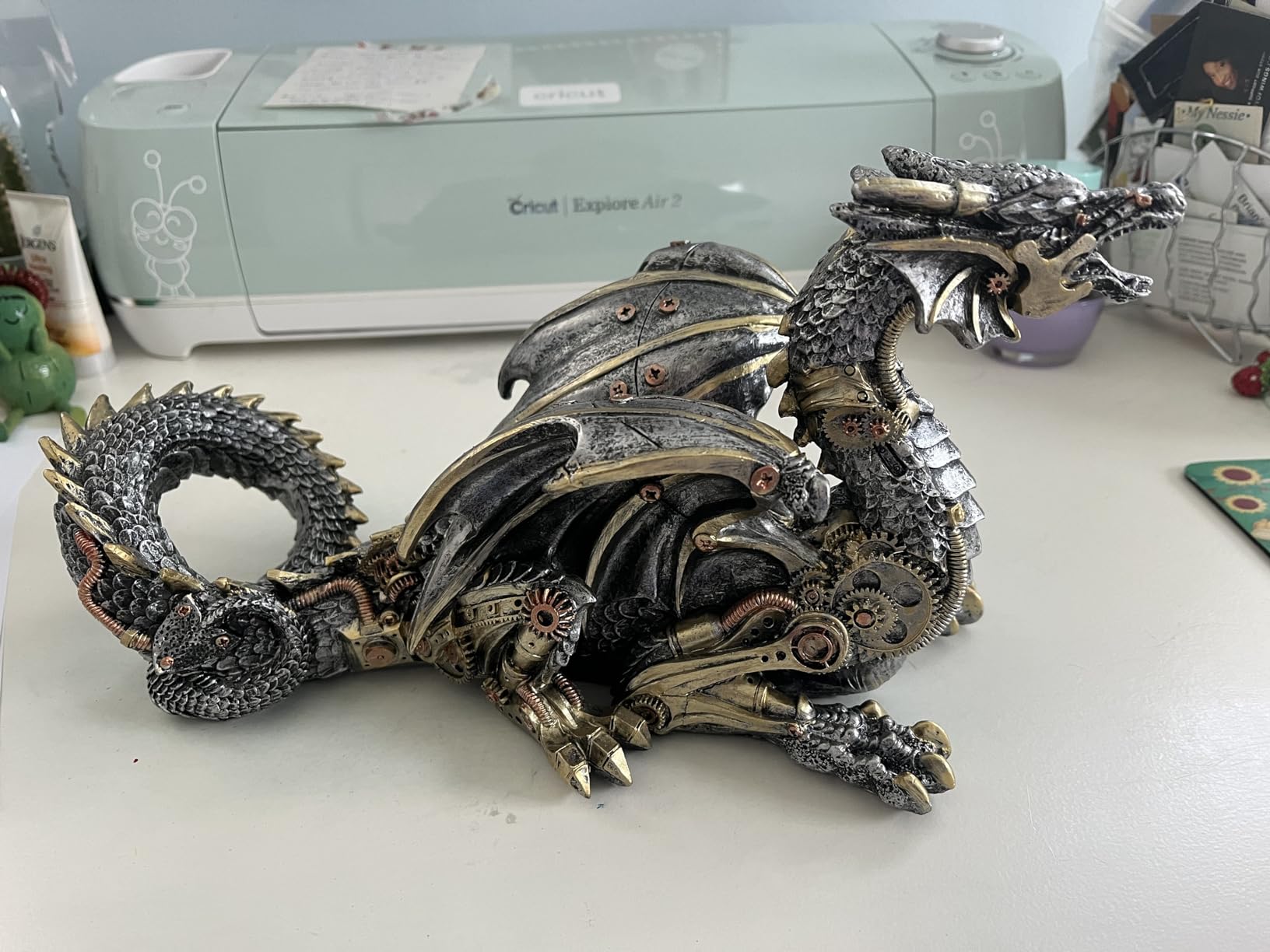 12'' L Steampunk Dragon Wine Bottle Holder Rack Tabletop Statue | resin gothic wine rack gothic decor metallic look fantasy tabletop statue for home decor gifts for men customer photo 1