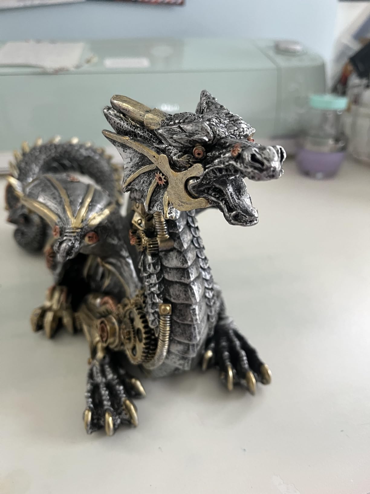 12'' L Steampunk Dragon Wine Bottle Holder Rack Tabletop Statue | resin gothic wine rack gothic decor metallic look fantasy tabletop statue for home decor gifts for men customer photo 2