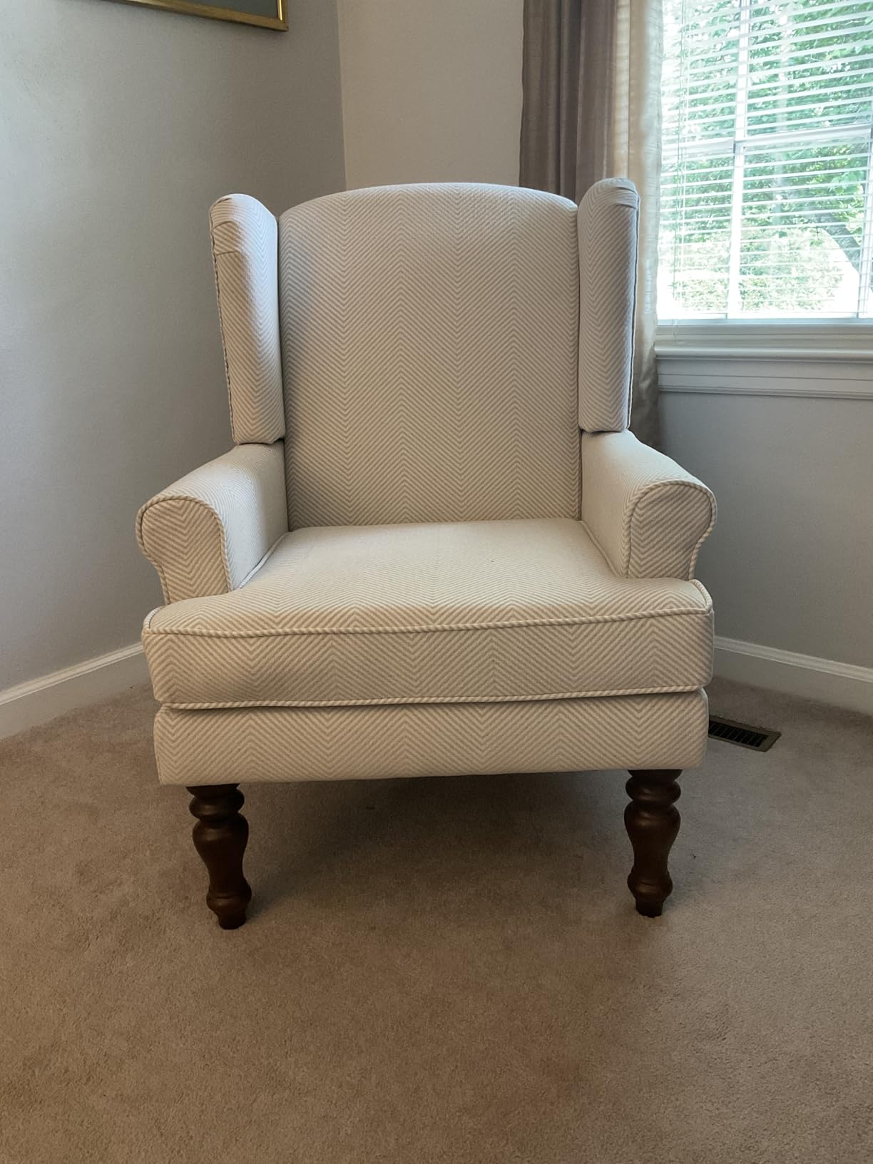 HUIMO Printed Wingback Accent Chair, Linen Upholstered High Back Armchair, Comfy Reading Chair for Living Room Bedroom Study, 300lbs Weight Capacity (1, Tan with Lines) customer photo 2