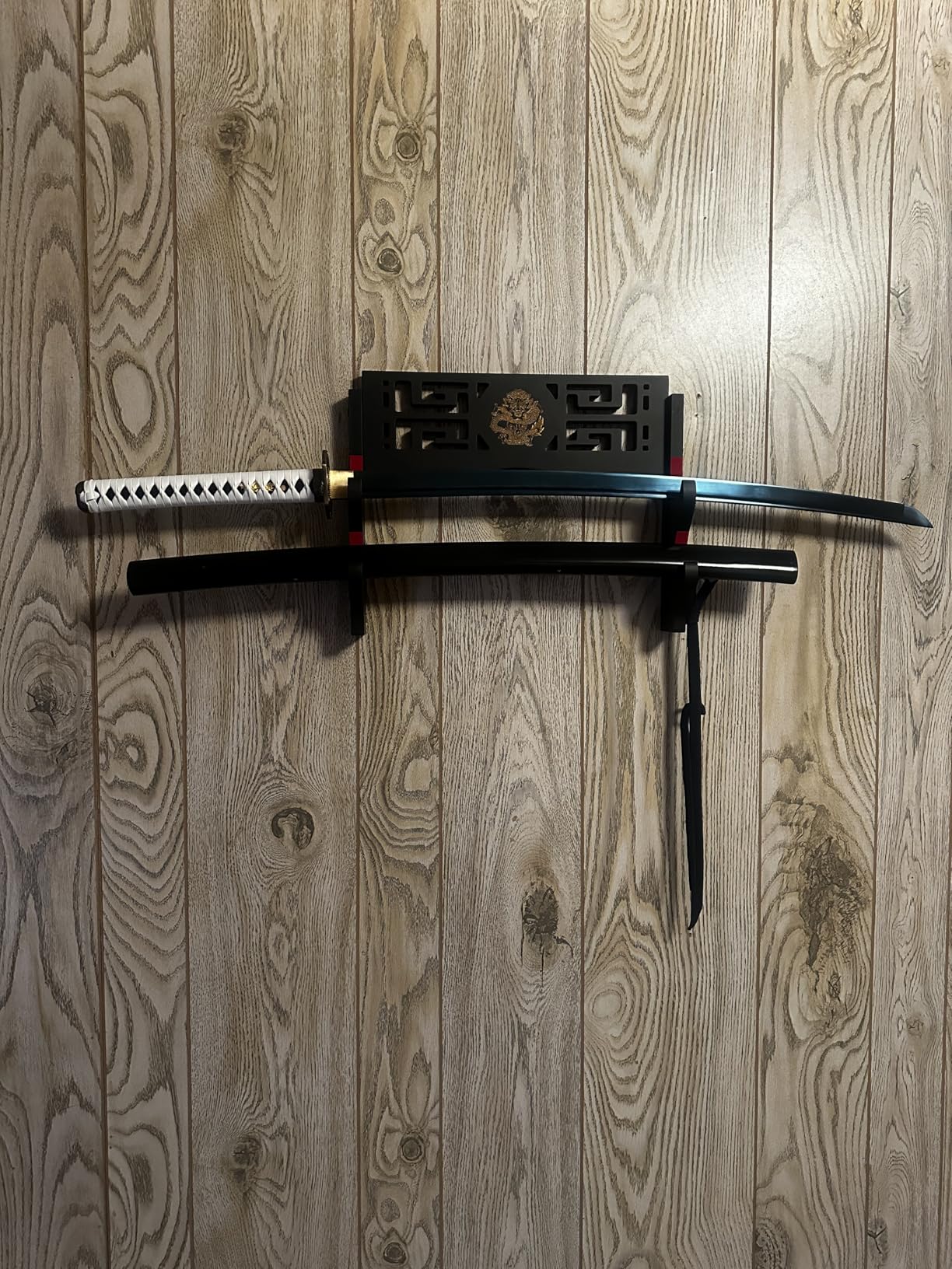 Alyoen Sword Display Katana Wall Mount, 2-Tier Samurai Sword Katana Holder Stand with Velvet Padded Hook & Dragon Pattern, Sword Rack for Wakizashi Samurai Lightsaber customer photo 1