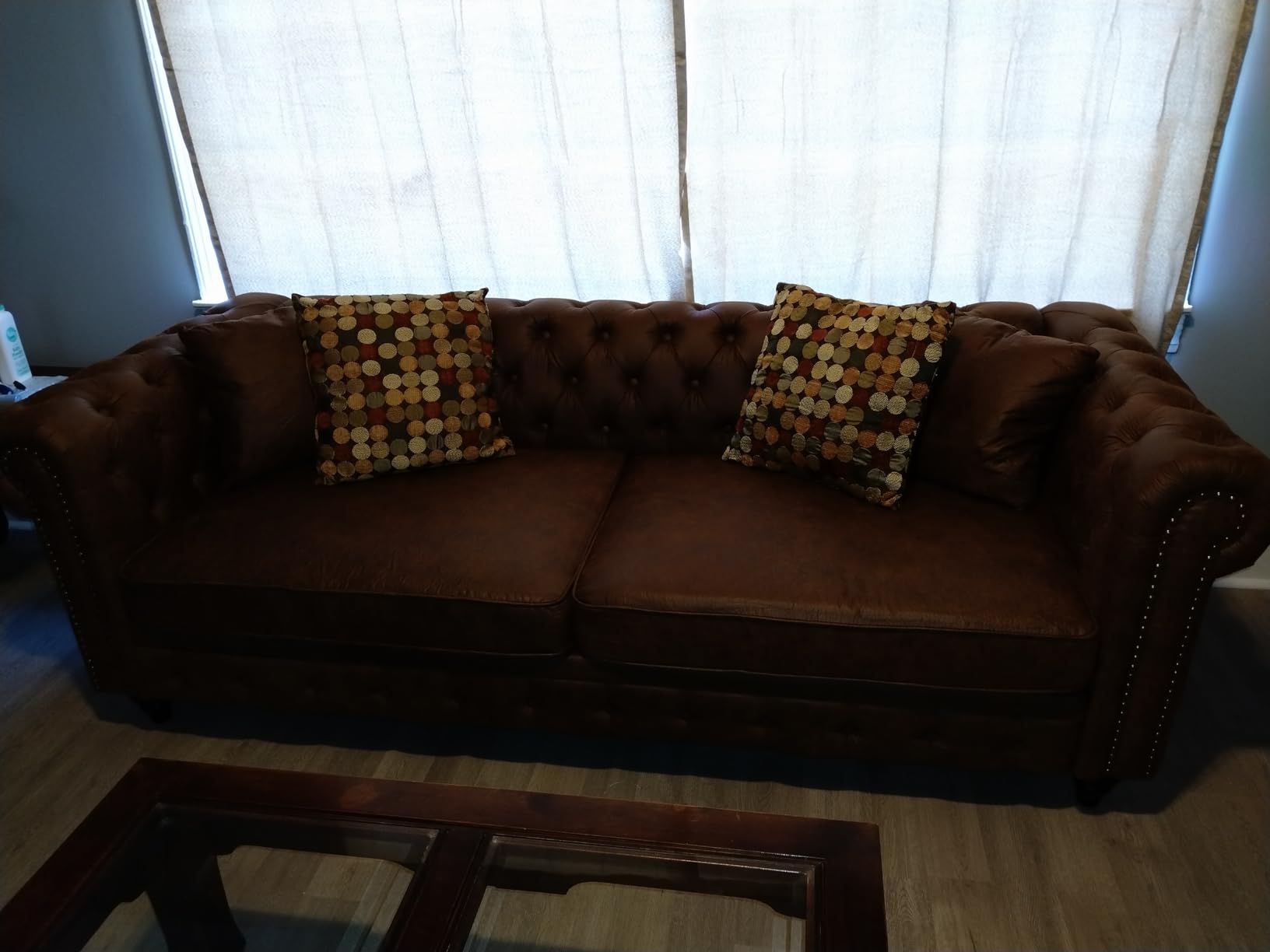 Modern Chesterfield Sofa Couch, 85.5-inch Faux Leather 3-Seater Sofa with Rolled Arms and Tufted Button for Living Room, Office, Brown customer photo 2