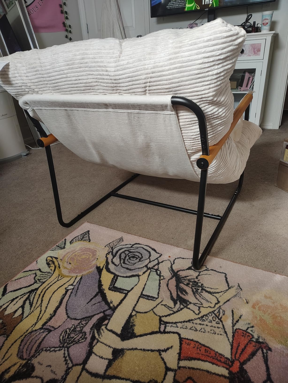 MAXYOYO Modern Accent Chair, Comfy Living Room Chair with Metal Frame Wooden Armrest, Upholstered Armchair with Soft Cushion for Bedroom Balcony Lounge Reading Room, Beige customer photo 2