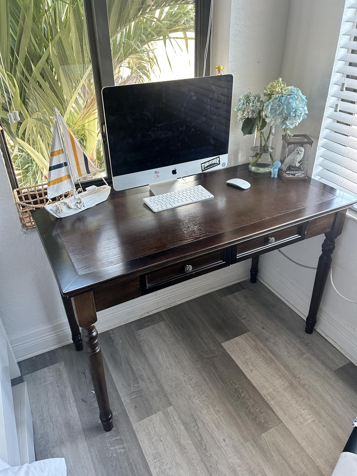 ADORZ Walnut Writing Desk with Drawers, 47