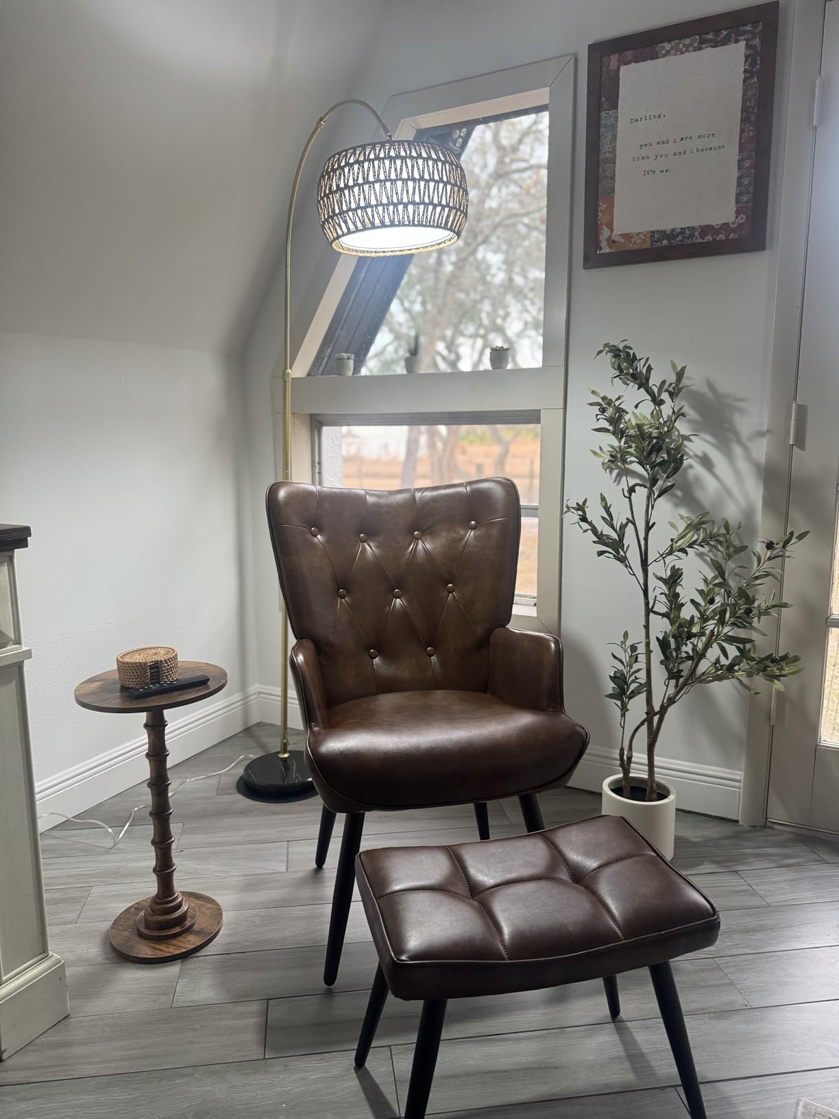 PU Leather Accent Chair with Ottoman, Upholstered Reading Chair with High Backrest, Tufted-Button Wingback Armchair for Bedroom, Dressing Room, Home Office, Brown customer photo 1