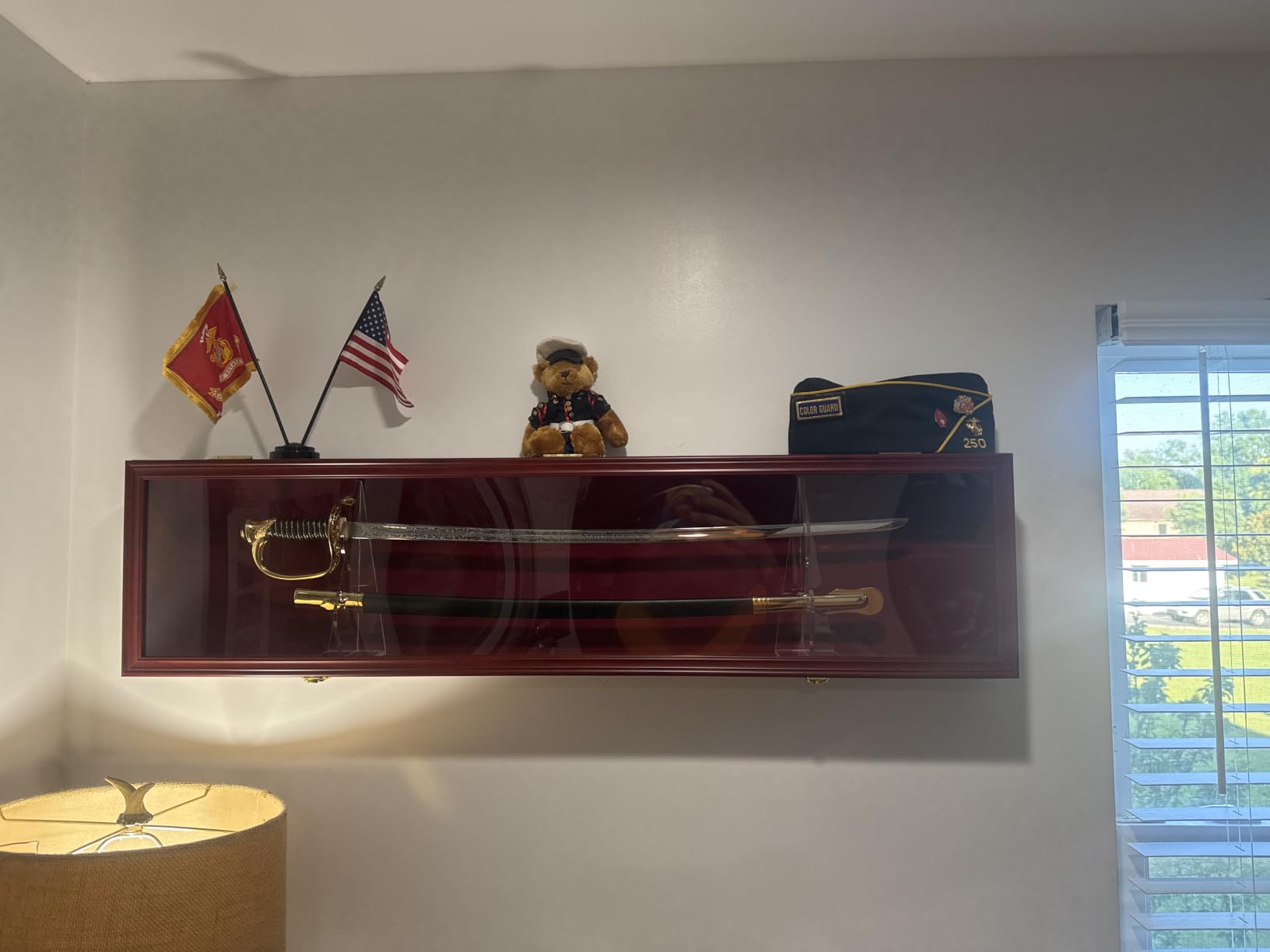 Sword Saber Display Case Cabinet Stand Holder Lightsaber Shadow Box Wall Mount Lockable with 98% UV Protection Red Color Felt (Mahogany Finish) customer photo 1