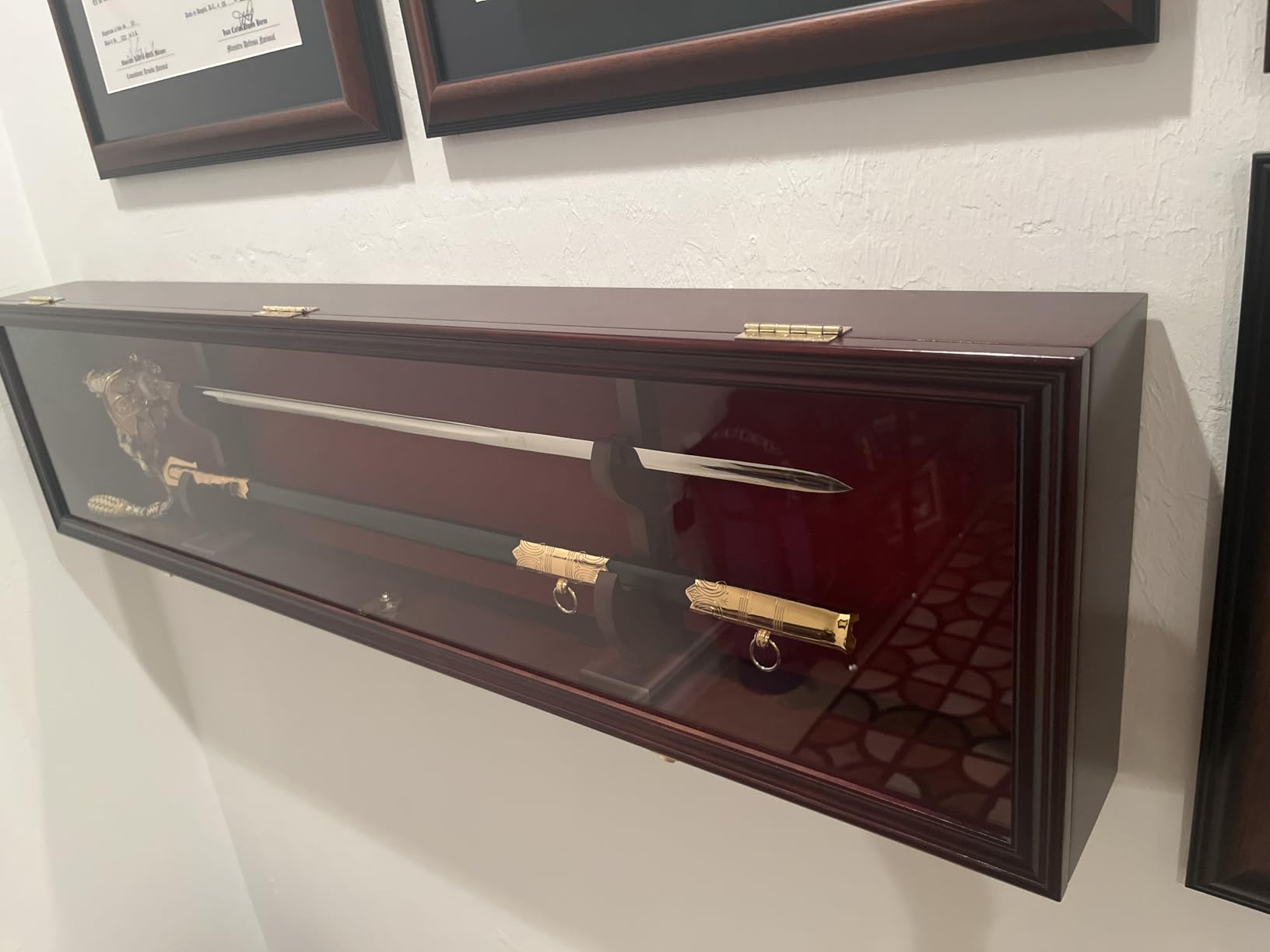 Sword Saber Display Case Cabinet Stand Holder Lightsaber Shadow Box Wall Mount Lockable with 98% UV Protection Red Color Felt (Mahogany Finish) customer photo 2