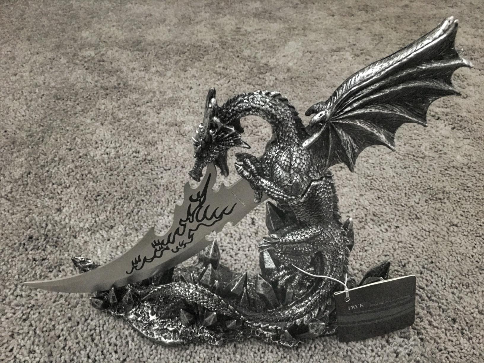 Dragon Knife Holder with Dagger, 13 Inch Gothic Fire Dragon Decor | Cold Cast Resin Body, Metal Unsharpened Curved Blade, Dragon Head Handle, Carved Scales, 7.5 Inch Tall customer photo 2