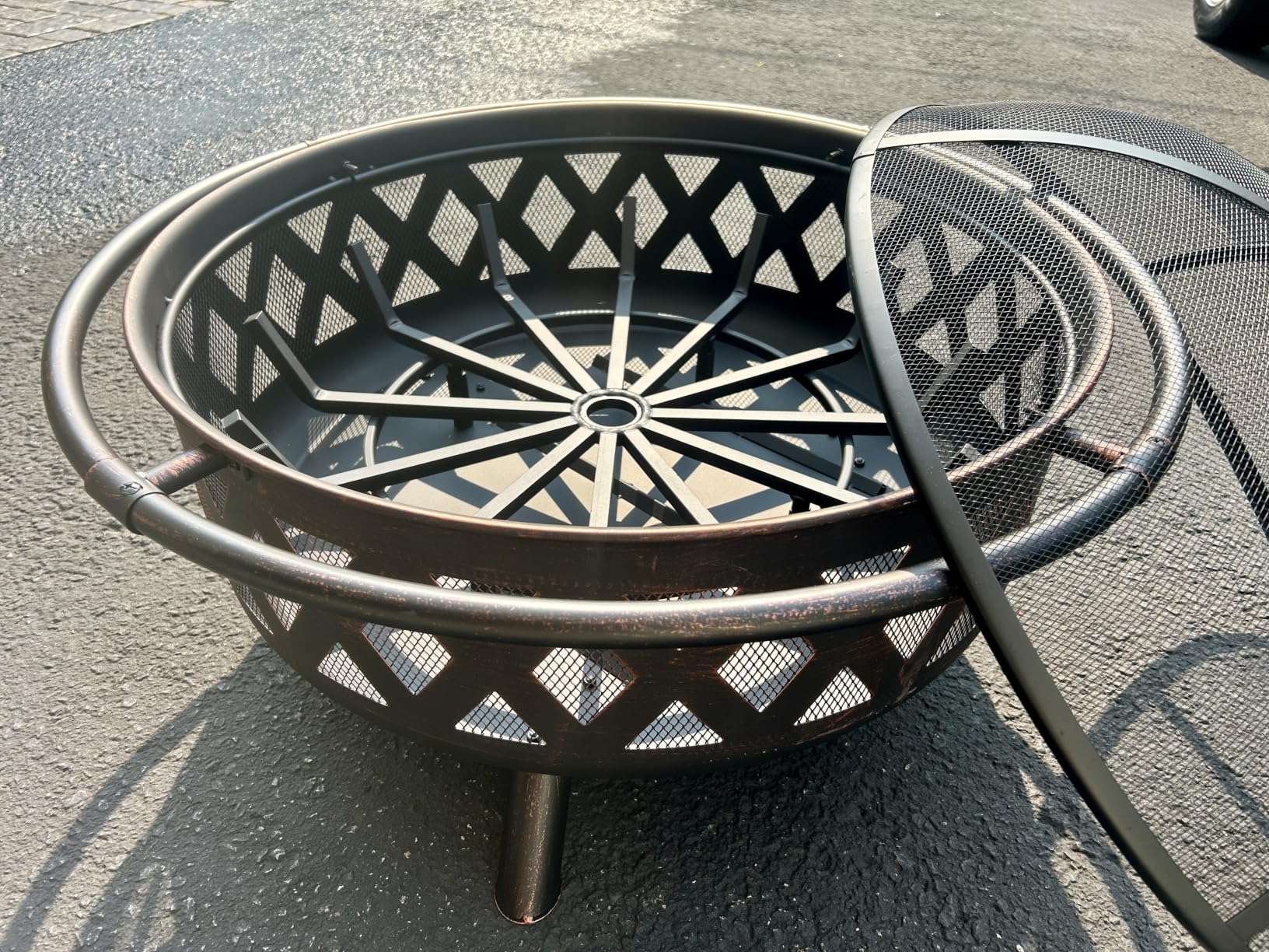 Sunnydaze Crossweave Outdoor Fire Pit - Wood-Burning Fire Pit for Outside with Spark Screen, Poker and Round Cover - Steel Patio Firepit for Backyard, Deck, Porch - 36-Inch - Bronze customer photo 2