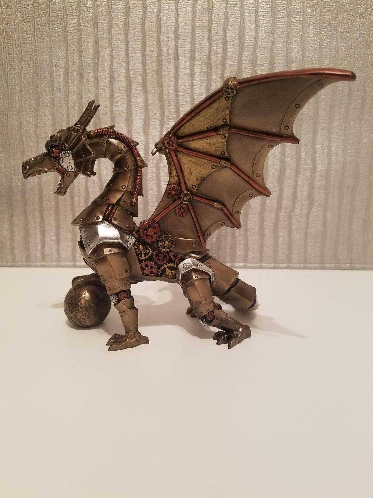Unicorn Studio Steampunk Mechanical Gear Dragon Sitting Holding Sphere Statue Sculpture Bronze customer photo 1