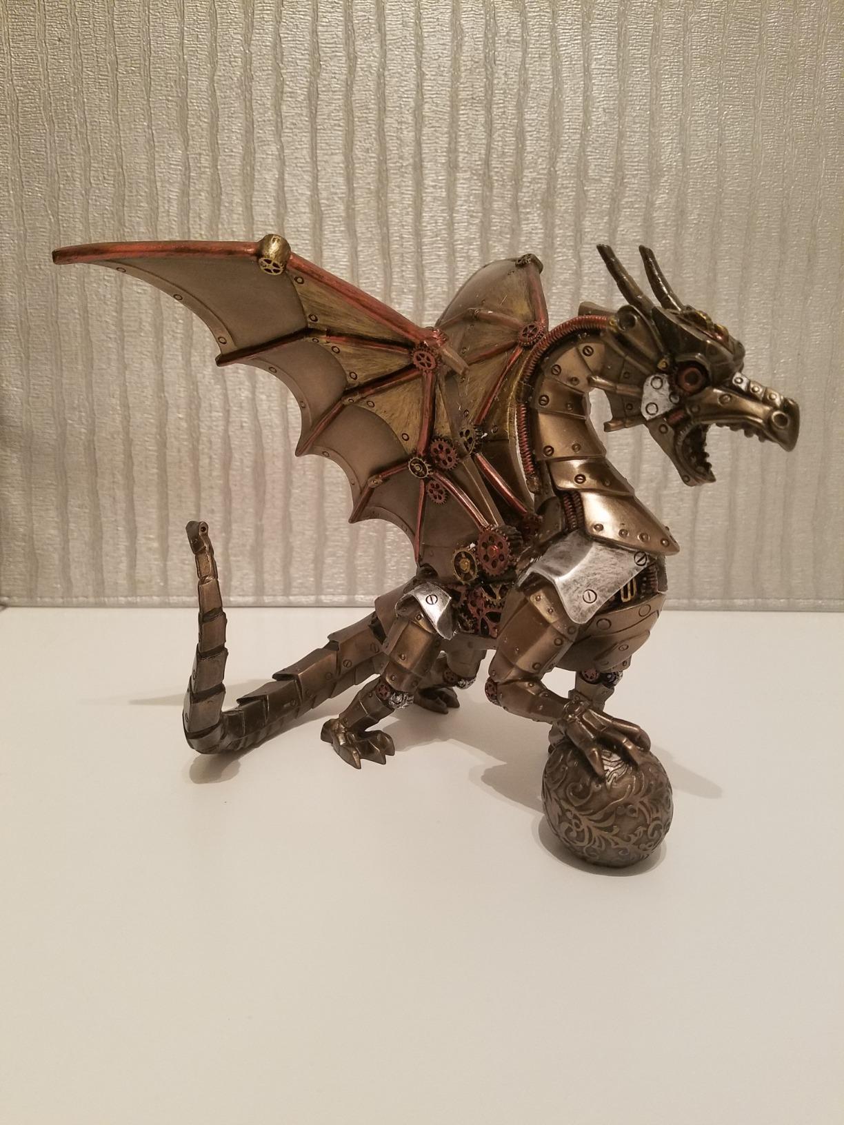 Unicorn Studio Steampunk Mechanical Gear Dragon Sitting Holding Sphere Statue Sculpture Bronze customer photo 2