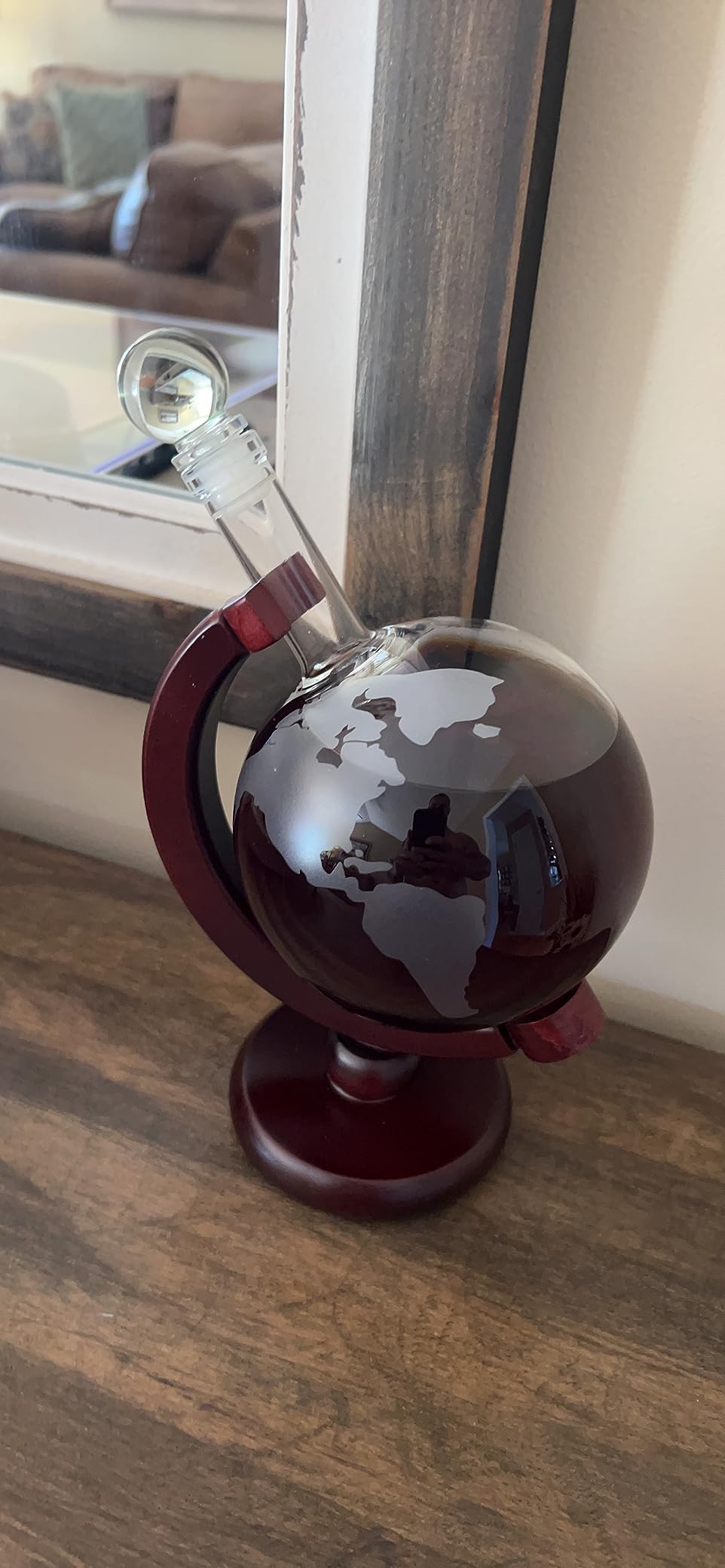 Lily's Home World Globe Whiskey Decanter with Dark Finished Wood Stand and Bar Funnel, Let Your Favorite Vintages Breathe with this Beautifully Stylish and Functional Piece (850 ml) customer photo 1