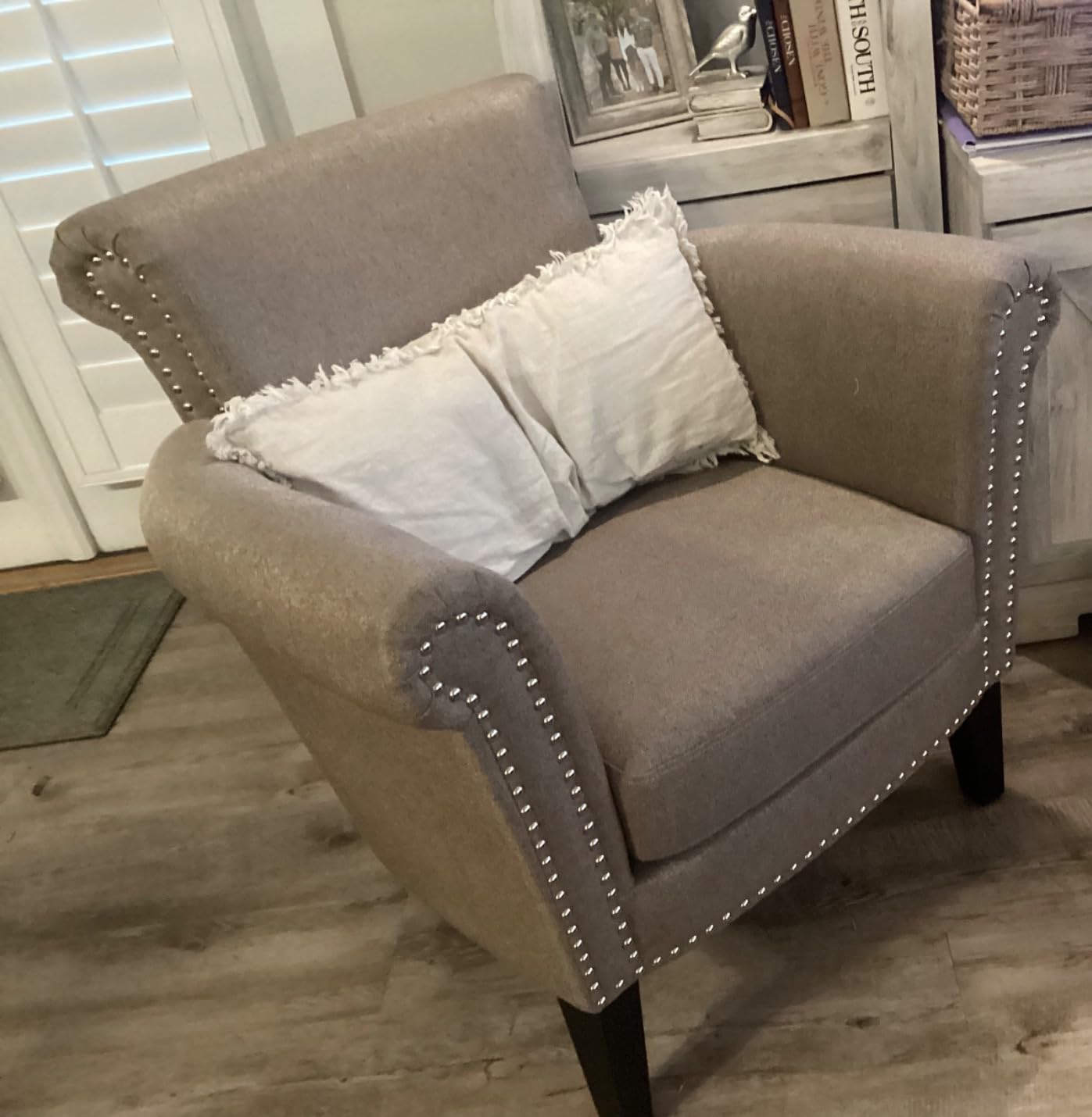 Christopher Knight Home Brice Vintage Scroll Arm Studded Fabric Club Chair, Light Coffee / Dark Brown customer photo 2