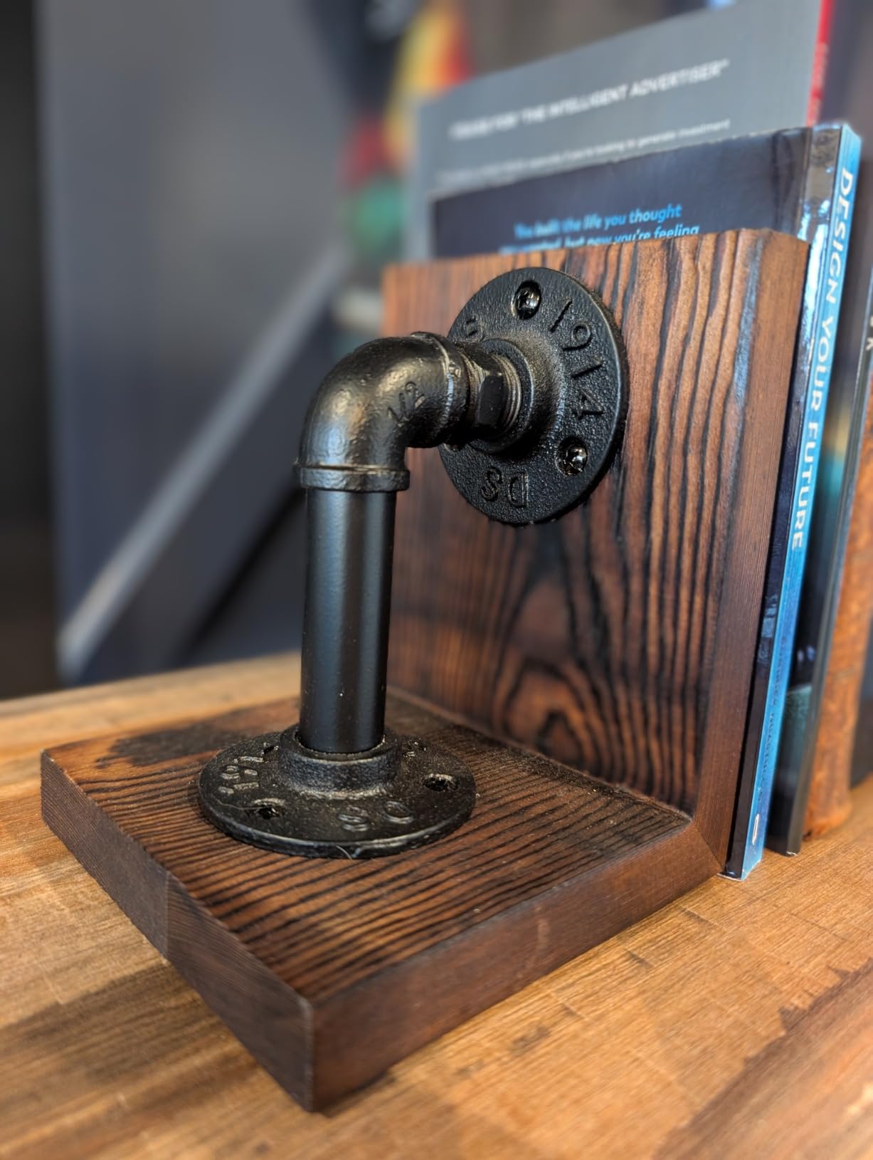 MyGift Decorative Bookends, Office Book Ends for Shelf, Book Holder L-Shaped Stand Desktop, Solid Torched Wood with Realistic Industrial Pipe Design customer photo 1