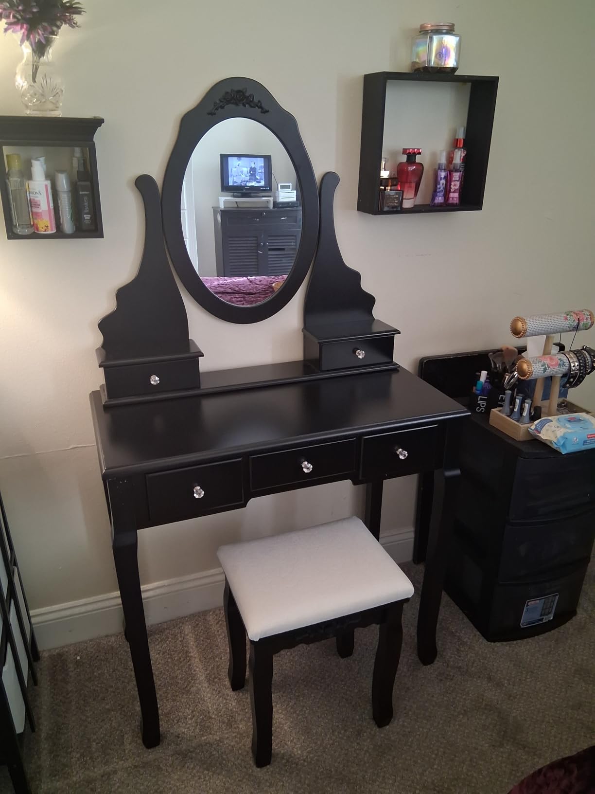 Giantex Vanity Set with Oval Mirror & Cushioned Stool, Makeup Dressing Table Large Storage with 5 Drawers, Mirrored Bedroom Vanities Makeup Table for Kids Girls Women, Easy Assembly (White) customer photo 2