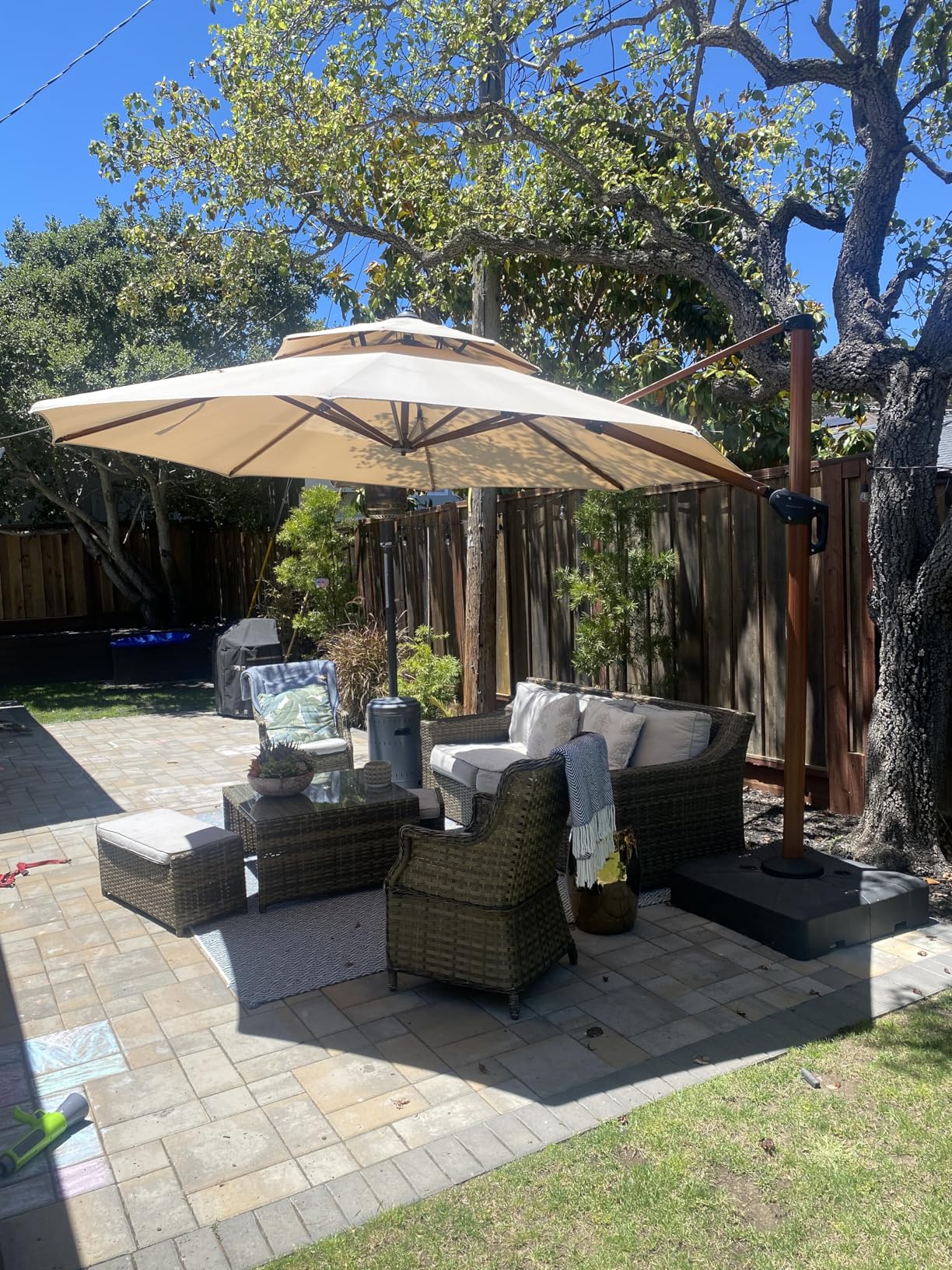PURPLE LEAF Patio Umbrella 11ft Double Top Wood-Grain Finish, Navy Blue | Braced frame holds firm, 240GSM fade-resistant fabric, UPF 50+ Protection, Long-lasting aluminum, Base needed for stability customer photo 1