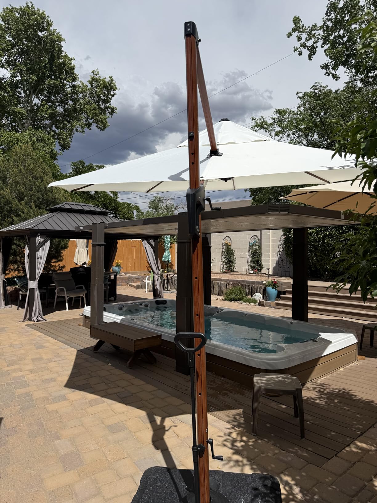 PURPLE LEAF Patio Umbrella 11ft Double Top Wood-Grain Finish, Navy Blue | Braced frame holds firm, 240GSM fade-resistant fabric, UPF 50+ Protection, Long-lasting aluminum, Base needed for stability customer photo 2