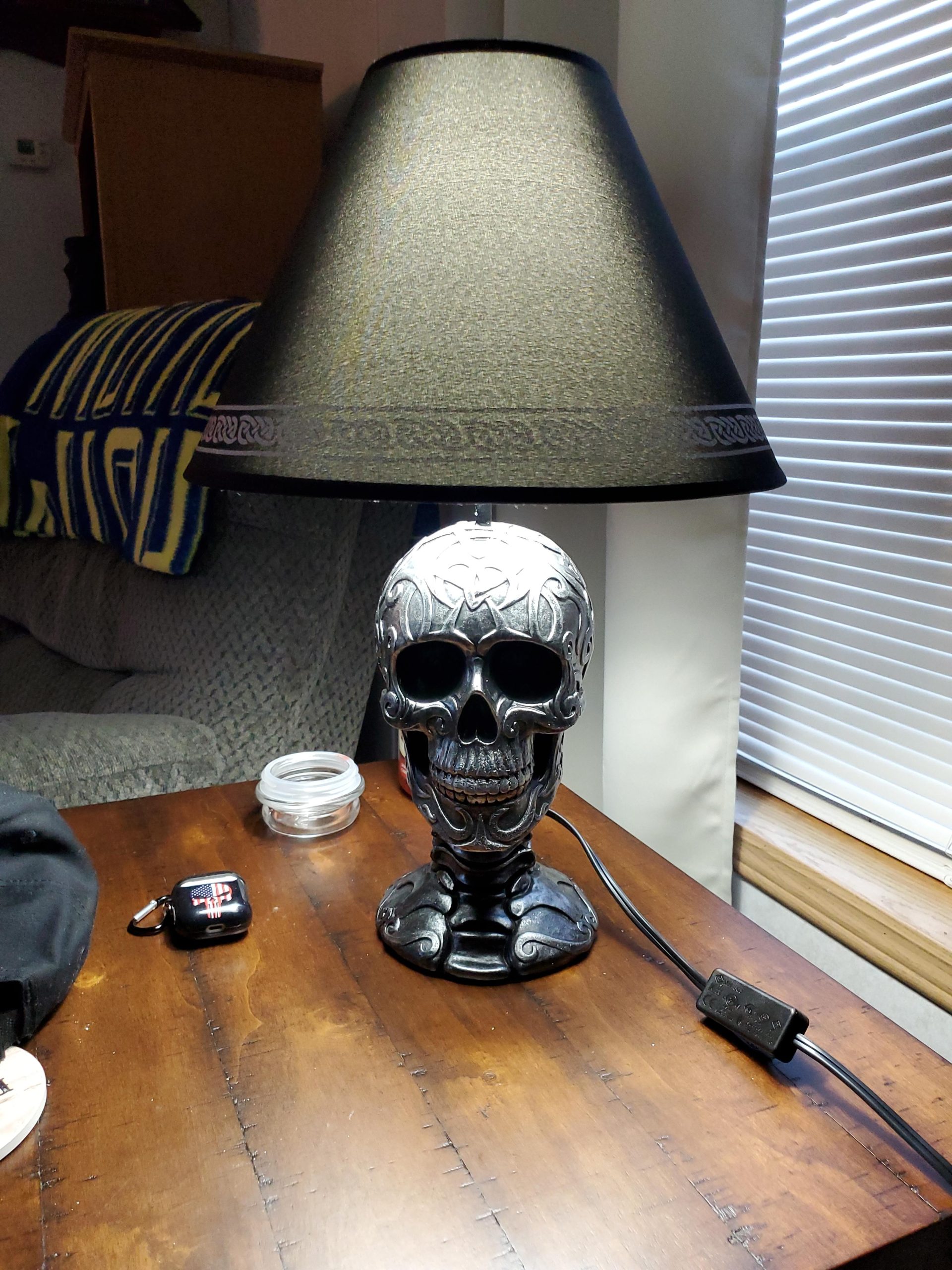 Ebros Gift Celtic Tattoo Knotwork Holy Grail Skull Light of Wisdom Sculptural Desktop Table Lamp Statue Decor with Fabric Shade 19