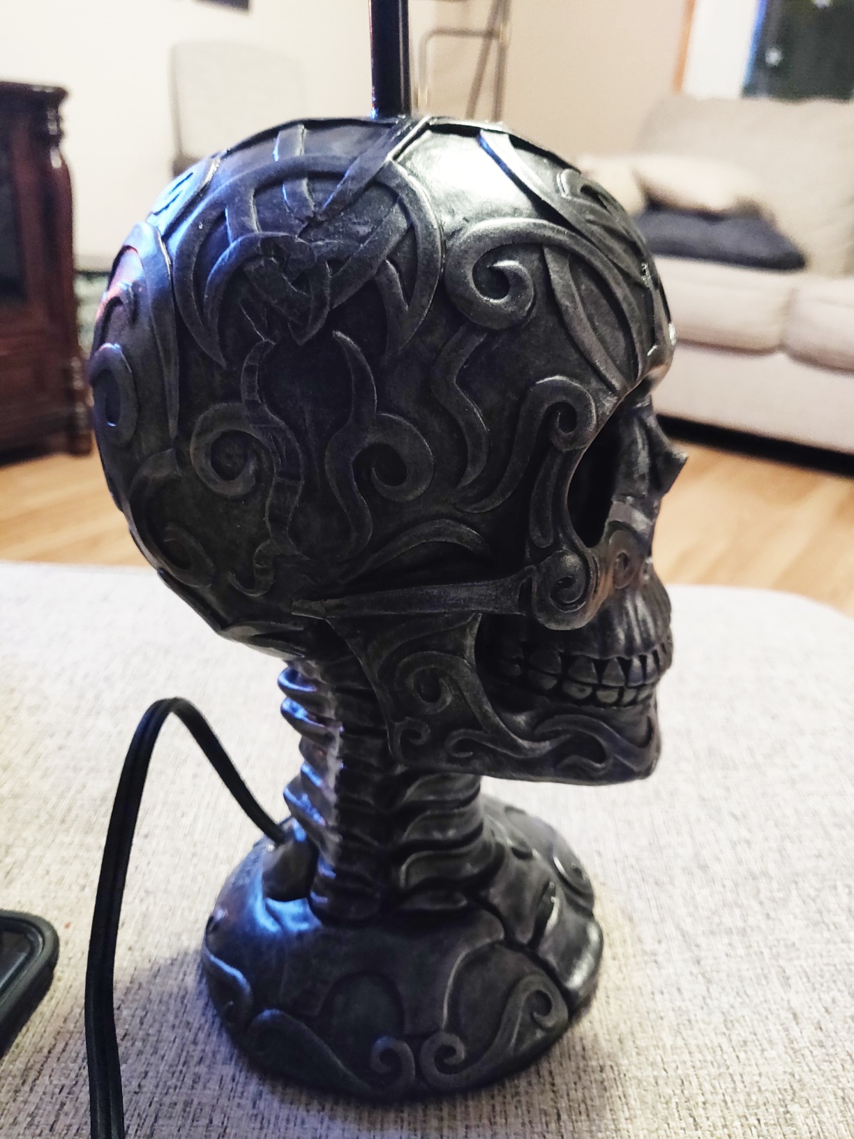 Ebros Gift Celtic Tattoo Knotwork Holy Grail Skull Light of Wisdom Sculptural Desktop Table Lamp Statue Decor with Fabric Shade 19