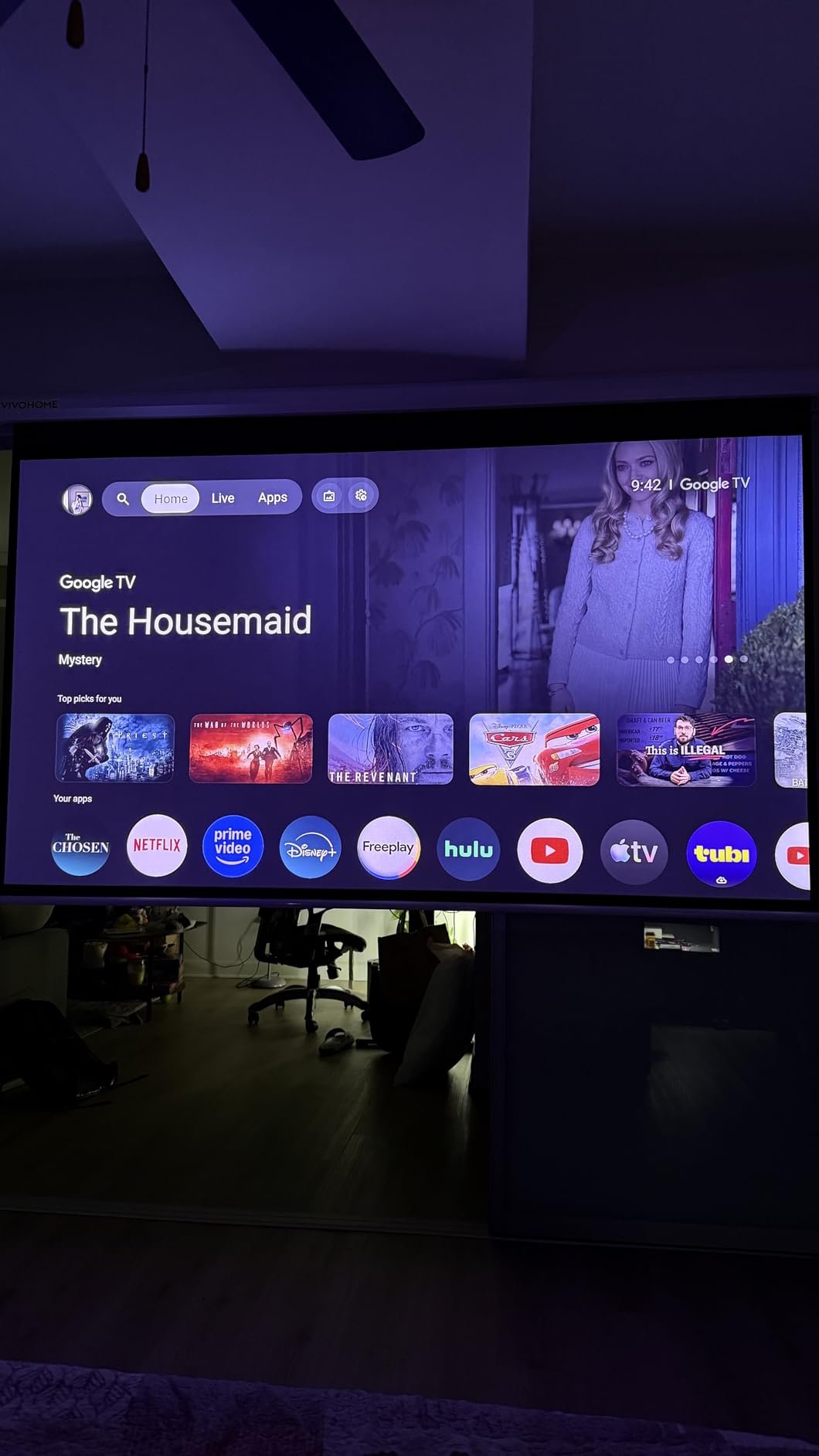 VIVOHOME 100 Inch 16:9 Motorized Projector Screen, Black | Electric Projection Screen with Remote Control, Automatic Pull Down Movie Screen for Ceiling and Wall Mount, ALR, Retractable customer photo 2