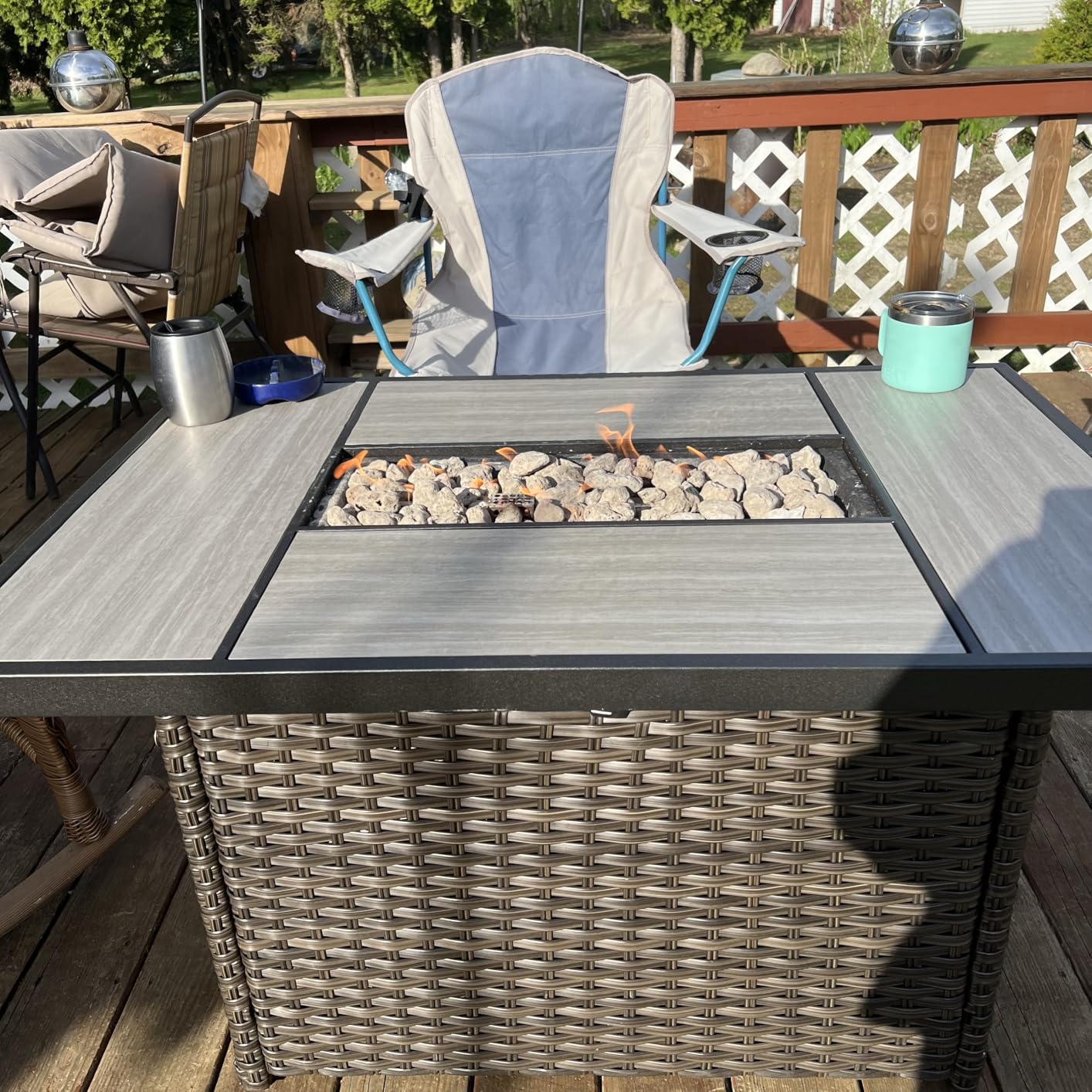 Grand Patio Outdoor Gas Fire Pit Table 32-Inch Square Propane Gas Fire Pit with CSA Safety Approval 50000 BTU Heat Sling Base Ceramic Tile Top and Lava Rock for Garden, Backyard, and Deck Parties customer photo 1