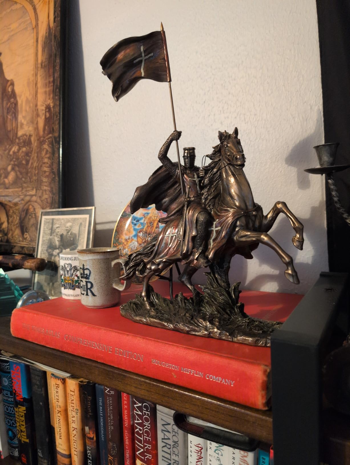 Veronese Design 14 3/4 Inch Medieval Times Crusades Templar Knight on Horse Holding Flag Antique Bronze Color customer photo 1