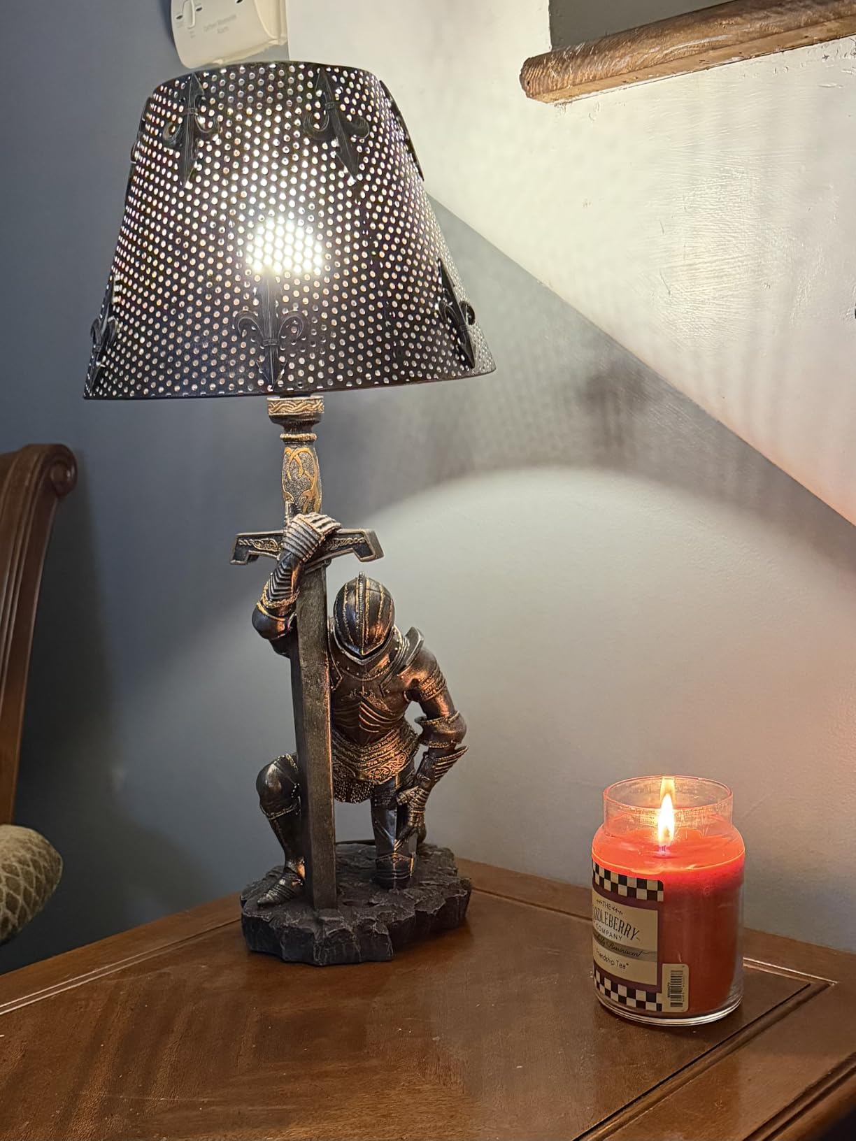 Ebros Gift The Accolade Medieval Kneeling Knight of Chivalry Suit of Armor Knighthood Ceremony Side Table Lamp Statue 22
