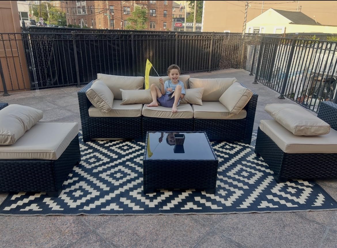 Rattaner Patio Sectional 6 Pieces All-Weather Wicker Patio Furniture Set Outdoor Sectional with Glass Table Non-Slip Cushions and Waterproof Cover, Khaki customer photo 1