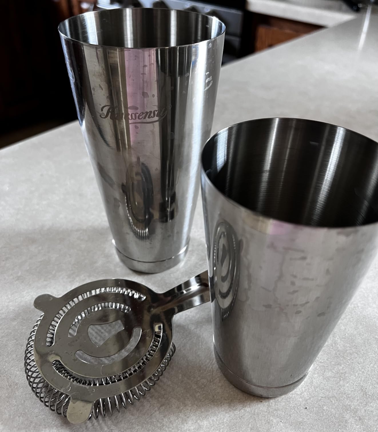 KITESSENSU Boston Cocktail Shaker Set, 4-Piece Boston Shaker Tins Bartender Kit with 18oz & 28oz Mixed Drink Shaker, Hawthorne Strainer, Double Measuring Jigger, Cocktail Recipe Cards Included customer photo 2