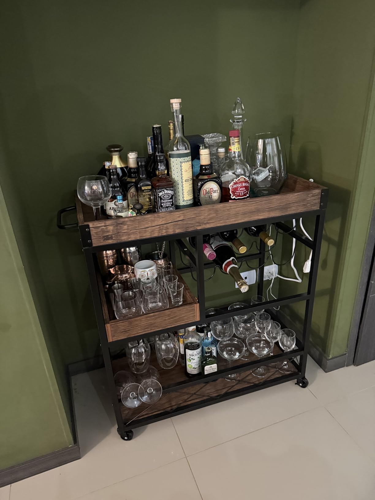 Bar Cart Industrial Mobile Kitchen Serving Carts for Home 3 Tier Storage Trolley with Wine Rack Glasses Holder Two Portable Trays Universal Casters with Brakes Rustic Rolling Cart for Indoor Outdoor customer photo 1