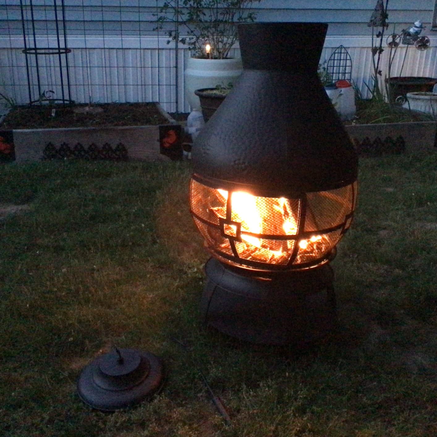 SAFSTAR Outdoor Cast Iron Chiminea, Fireplace Wooden Chiminea Fire Pit w/Fire Poker, 360deg Fire Retardant Mesh Cover, Patio Wood Burning Fire Pit customer photo 1