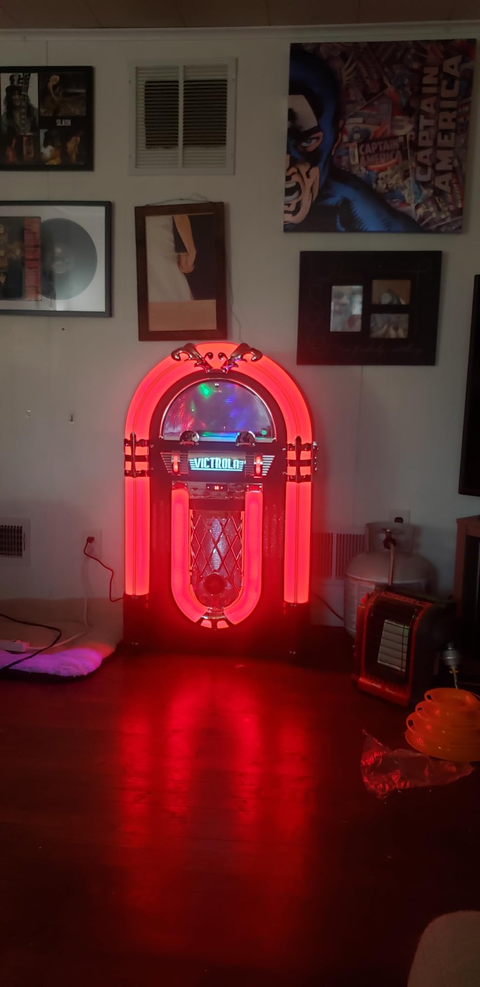 Victrola Mayfield Full-Size Jukebox Bluetooth Record Player - Black Ash | Full-size 1950s jukebox, 3-speed turntable, FM radio, Bluetooth streaming, stereo speakers and subwoofer, LED lights, remote customer photo 1
