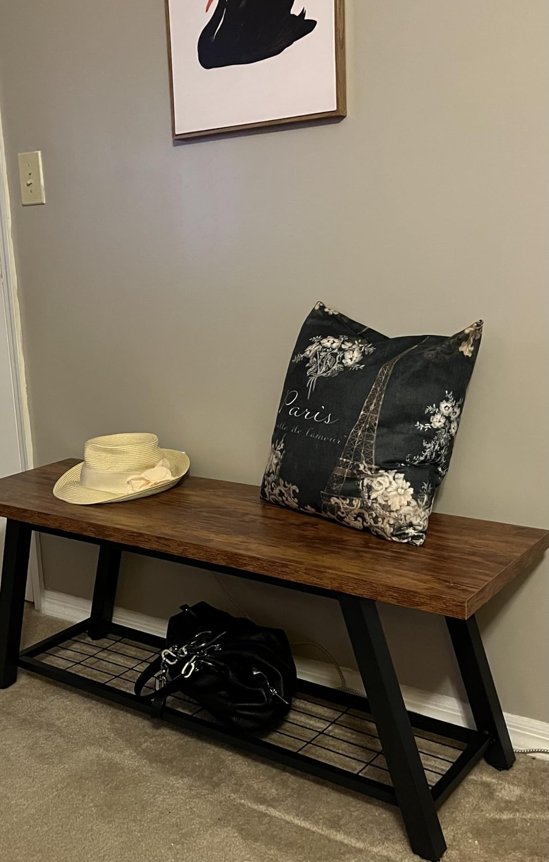 Oastreeful Storage Bench Industrial Rustic Wooden and Metal Entryway Shoe Boots Storage Rack Long Bench Seat for Hallway Bedroom Retro Brown Farmhouse Style customer photo 2