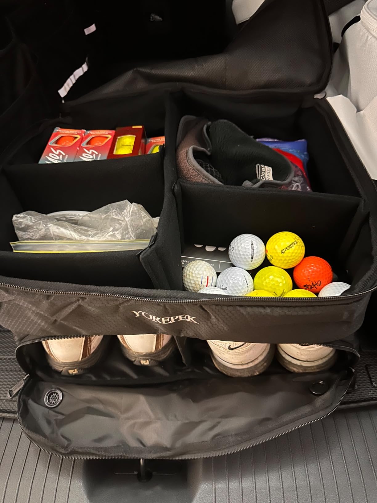 YOREPEK 2 Layer Golf Trunk Organizer, Golf Gifts for Men with Separate Ventilated Compartment for 2 Pair Shoes, Waterproof Car Trunk Locker for Balls, Tees, Clothes, Gloves, Gifts for Golfers customer photo 1