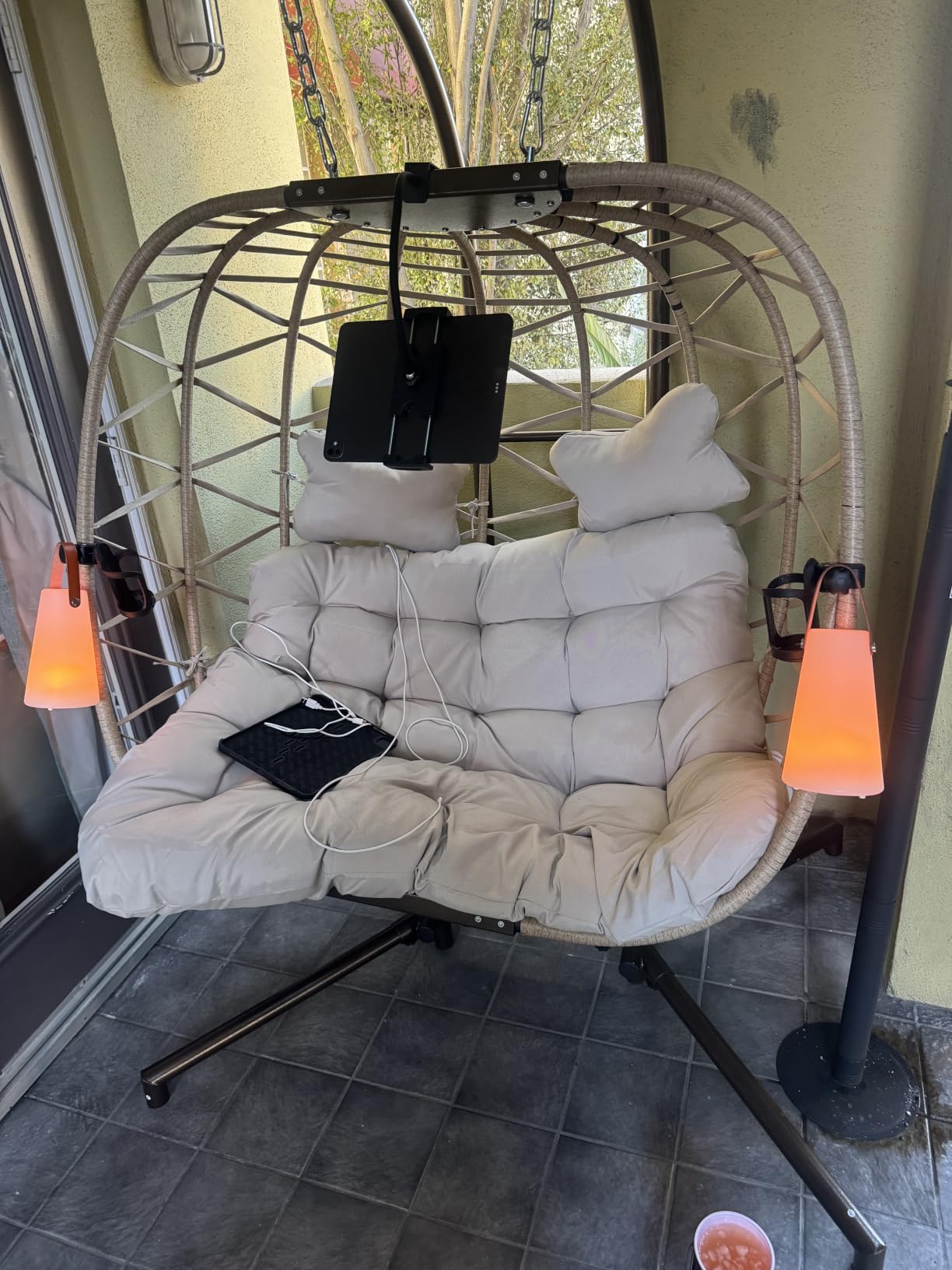 RADIATA Egg Chair Outdoor with Stand, 350 Lbs Heavy Duty Hanging Egg Chair with Padded Cushion, Foldable UV-Resistant Rattan Swing Hammock for Patio Backyard Balcony Pergola Garden Indoor, Beige customer photo 2