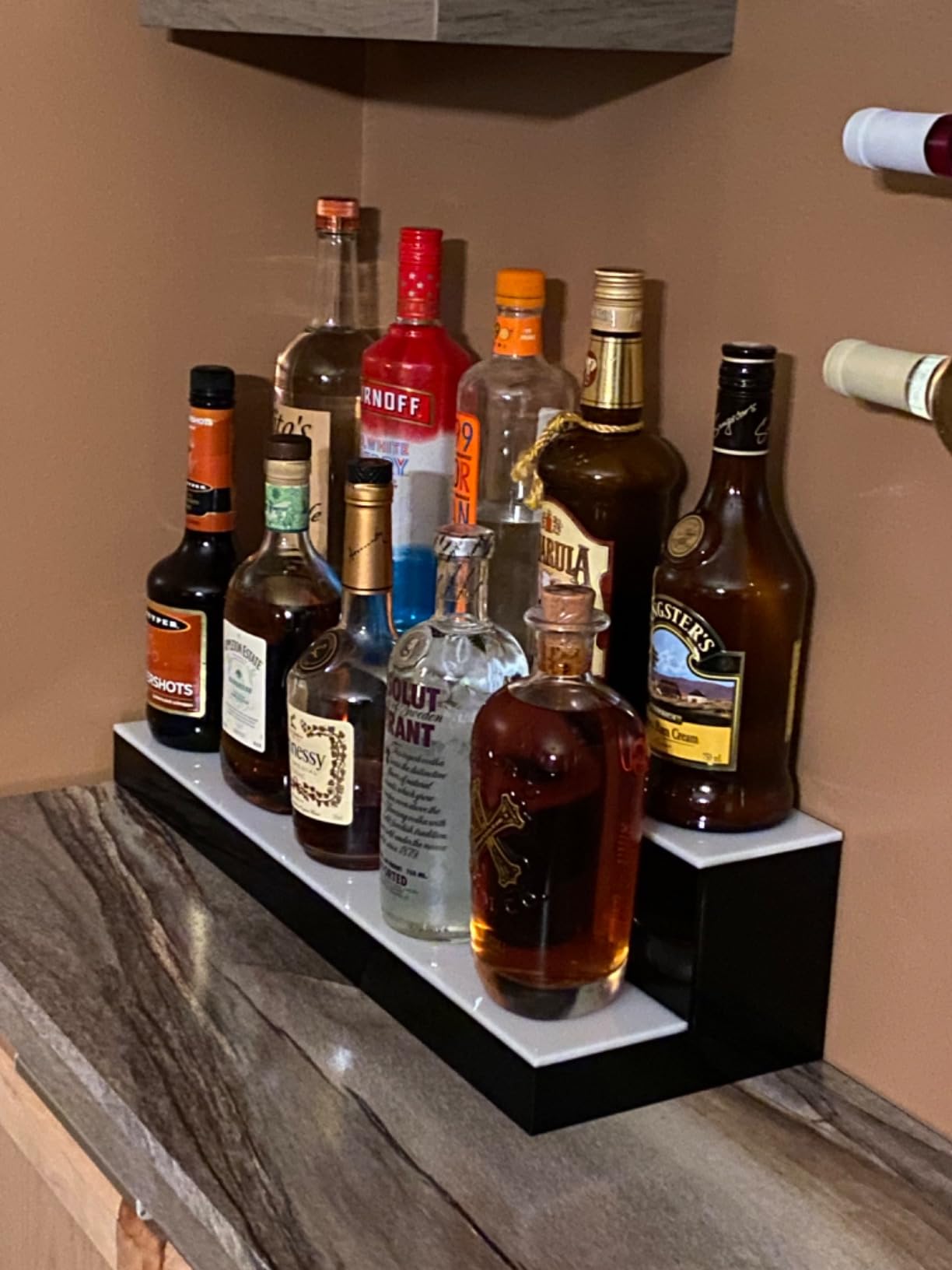 GOH&FTY RGBIC LED Liquor Bottle Display Shelf, Lighted 16-Inch 2-Tier | Bottom glow bar bottle display with app and remote, music sync, timer, 5mm acrylic for home and commercial bars customer photo 2