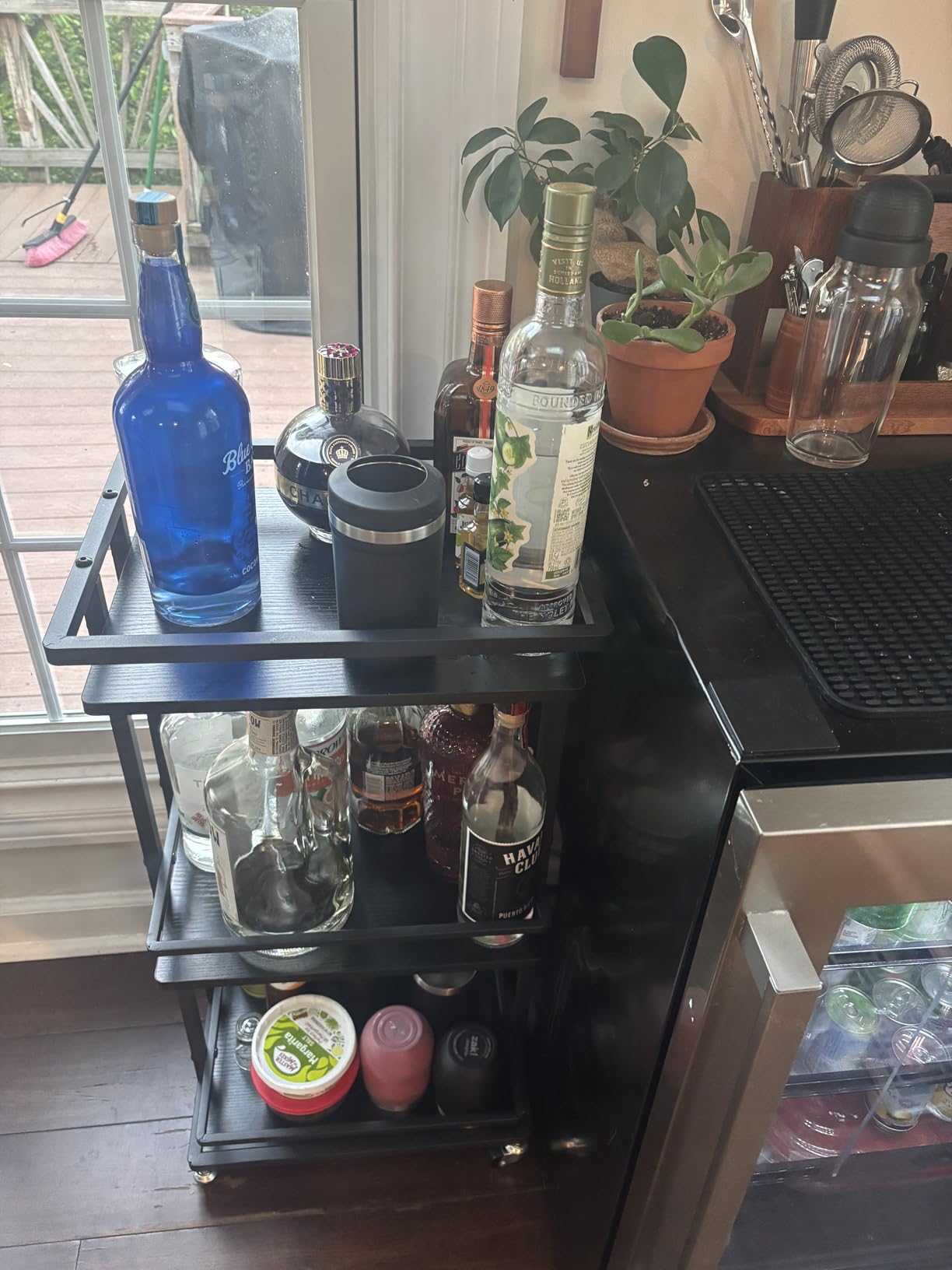 OKZEST 3-Tier Bar Cart for Home, Mini Rolling Liquor Cabinet & Serving Cart | Small alcohol coffee bar cart for party, Holds wine, liquor, beverage, glassware, shaker, coffee supplies, Rustic farmhouse customer photo 1