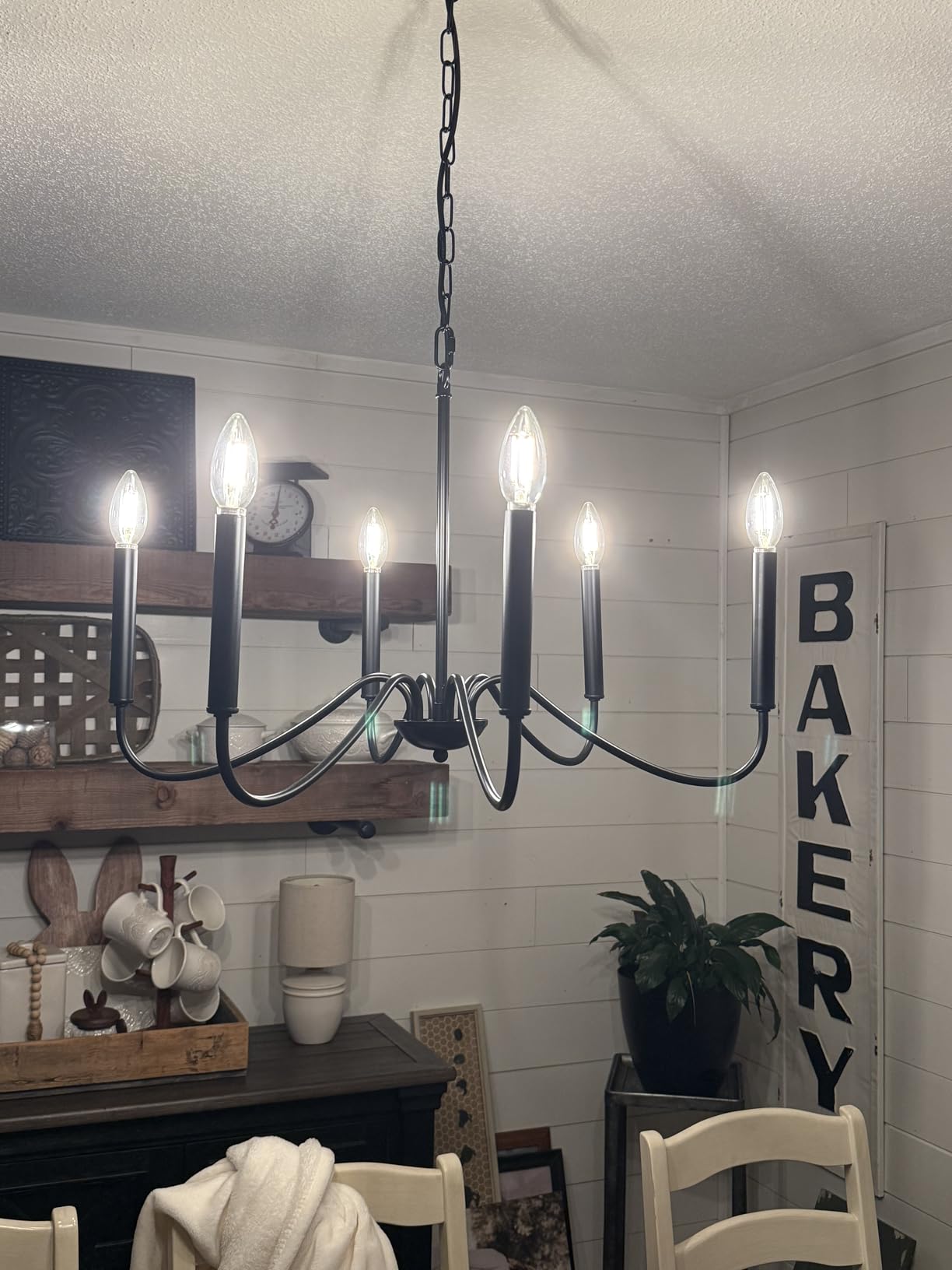 6-Light Black Farmhouse Chandelier, Rustic Candle Dining Room Light Fixture, Classic Vintage Iron Pendant Light Fixture for Bedroom Living Room Kitchen Island Foyer, Adjustable Height, Fit Sloped Ceiling customer photo 1