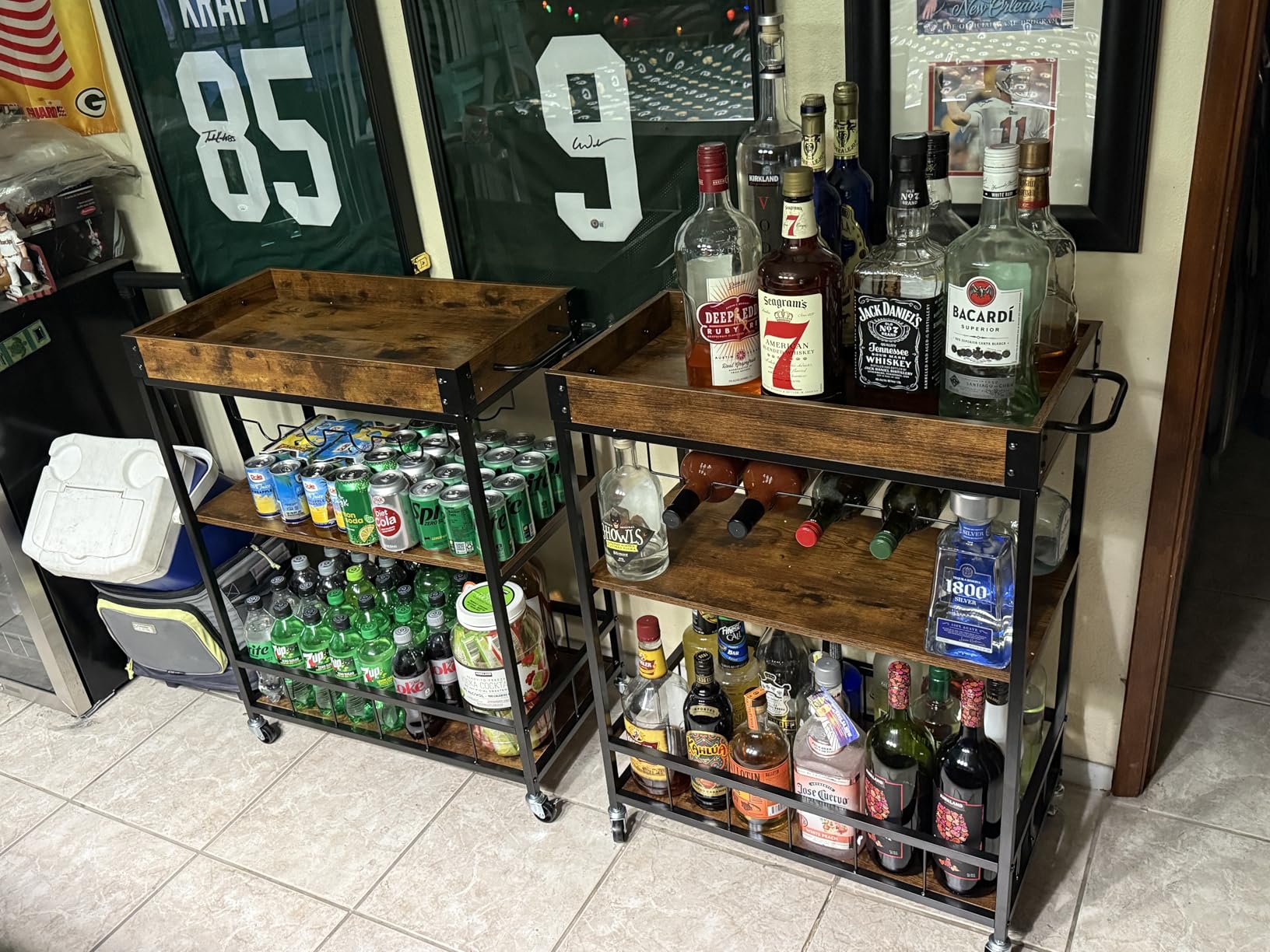 Bar Cart Serving Wine 3 Tier Home Rolling Rack with Wheels Mobile Kitchen Industrial Vintage Style Wood Metal Serving Trolley Serving Cart,Glass Holder Bar Cabinet customer photo 1