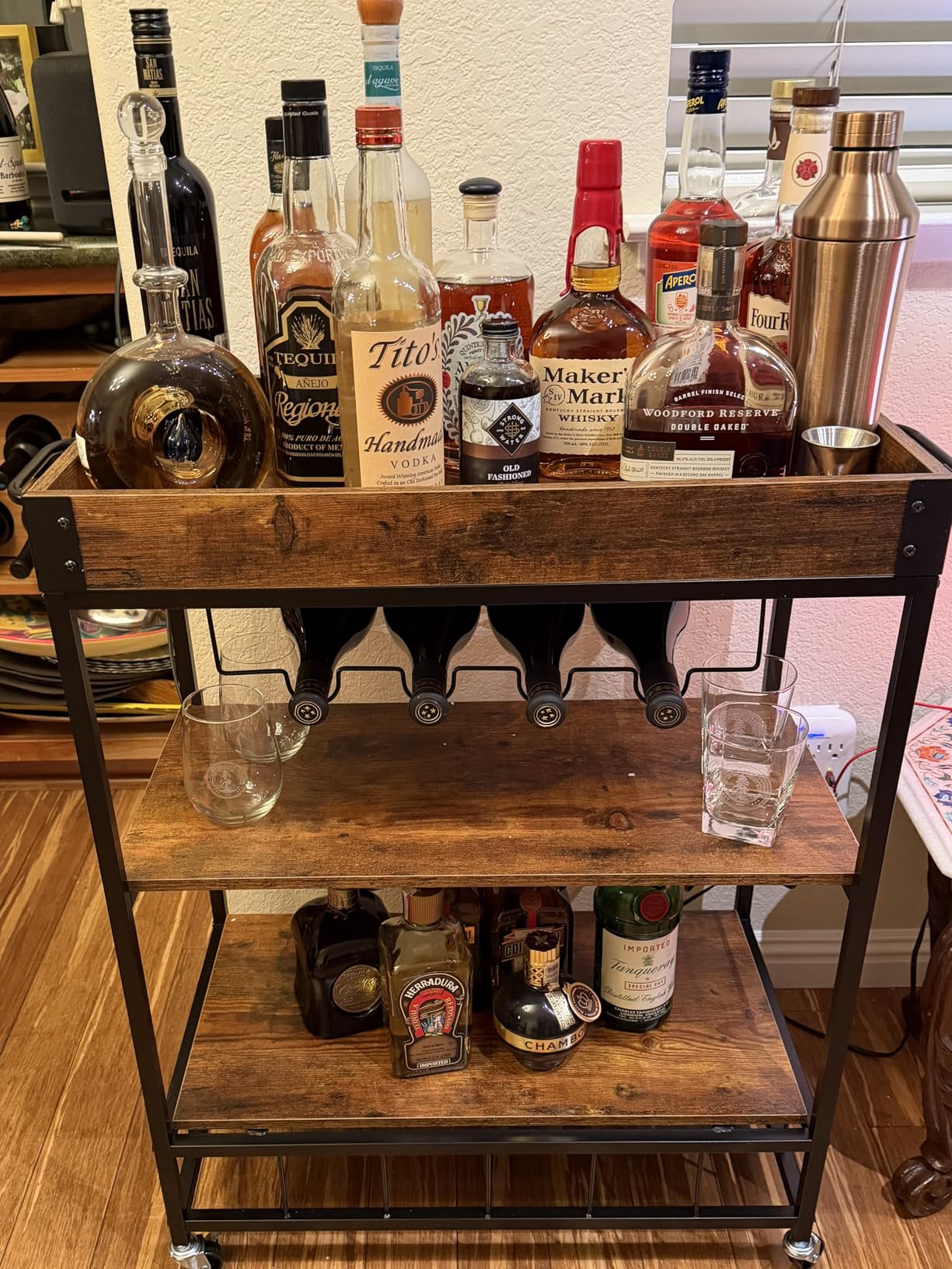 Bar Cart Serving Wine 3 Tier Home Rolling Rack with Wheels Mobile Kitchen Industrial Vintage Style Wood Metal Serving Trolley Serving Cart,Glass Holder Bar Cabinet customer photo 2