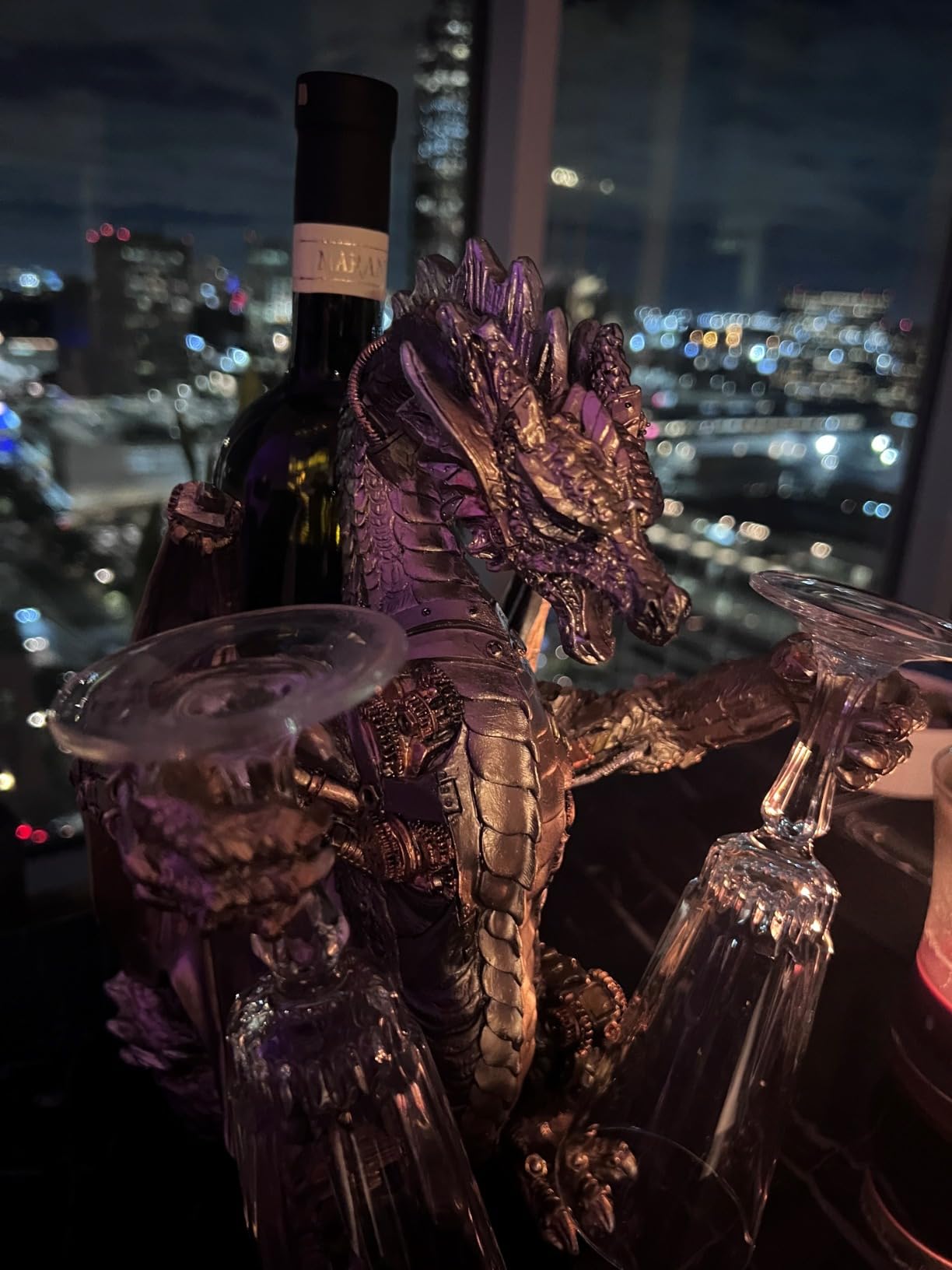 11.6'' H Steampunk Dragon Wine Bottle Glasses Holder Rack Statue | resin gothic decor metallic look high table top displays barware stands medieval fantasy sculpture presents gifts for men customer photo 2