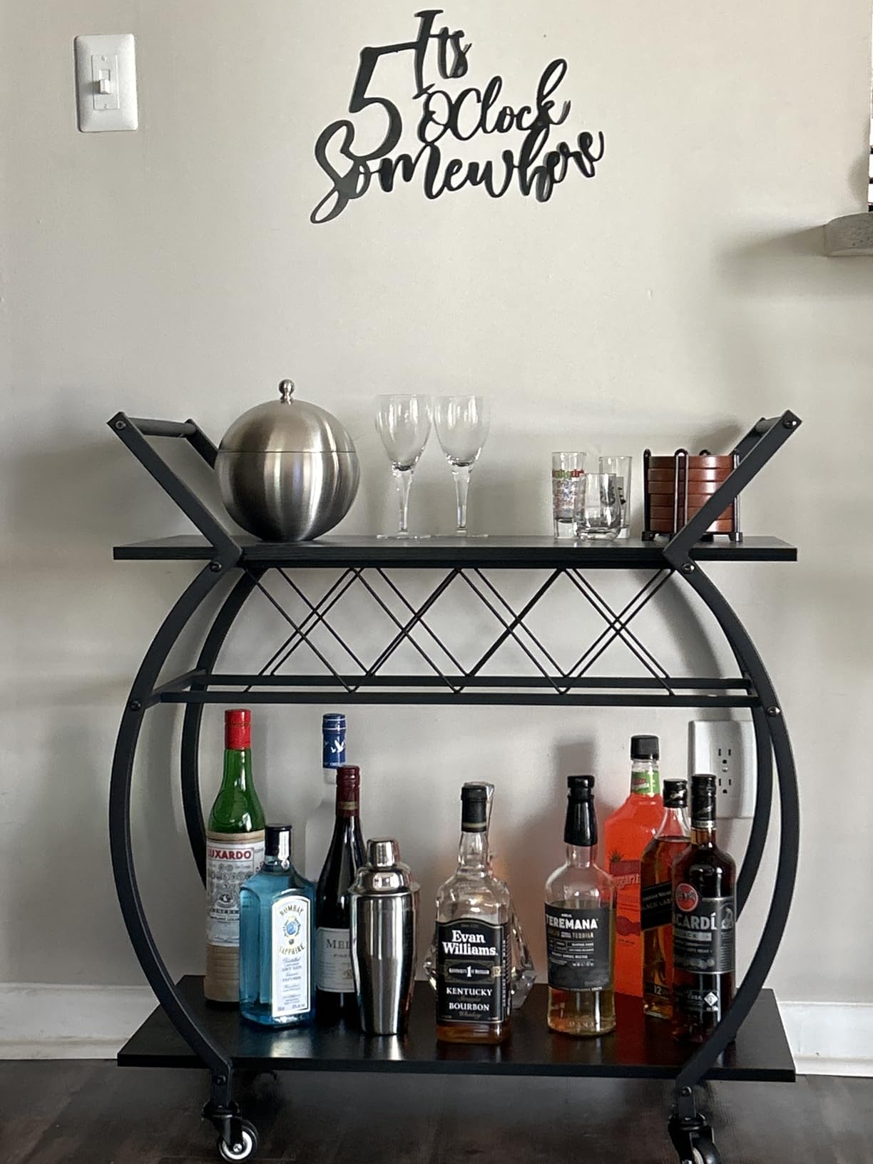 LVB Industrial Kitchen Bar Cart, Farmhouse Beverage Serving Liquor Cart with Wheels, Wood and Metal Rolling Wine Cart with Storage Shelf, Microwave Drink Cart for Home Living Dining Room, Rustic Brown customer photo 2