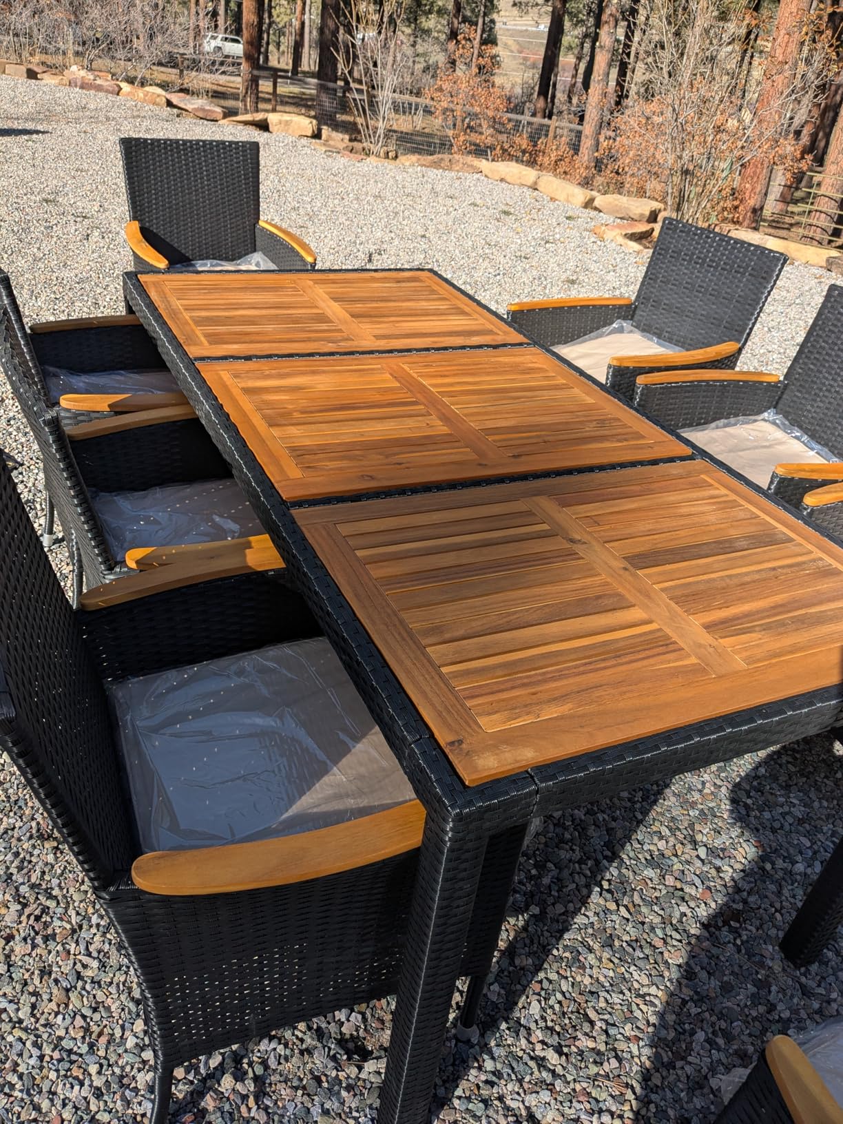 Devoko 9 PCS Acacia Wood Patio Dining Set, Black Rattan | Outdoor Patio Furniture Set, Patio Dining Table Set for 8, Patio Table and Chairs Set For Garden Backyard Pool Side customer photo 1